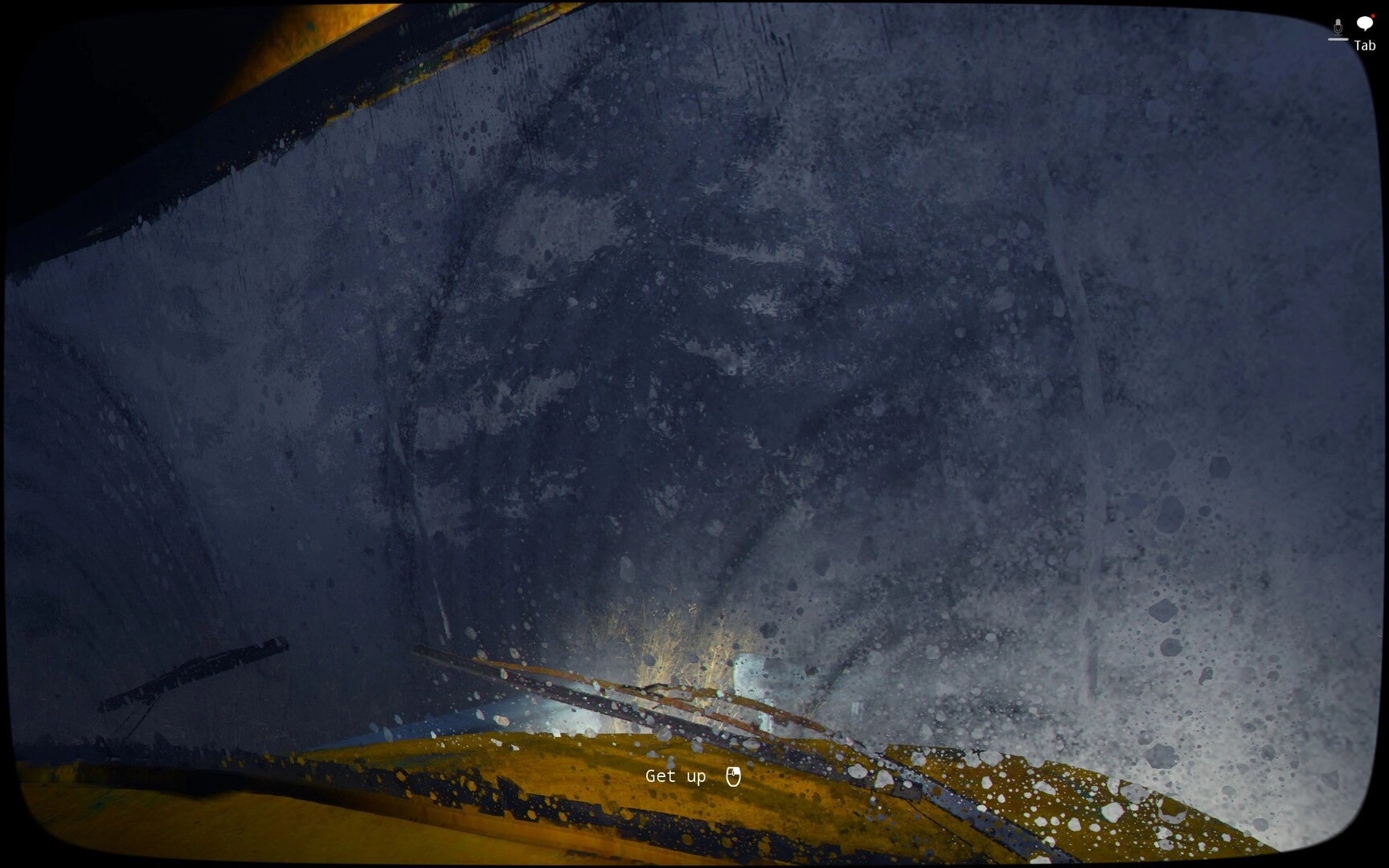 Emissary One: First-person view through a rain-splattered visor with “Get up” prompt on screen.