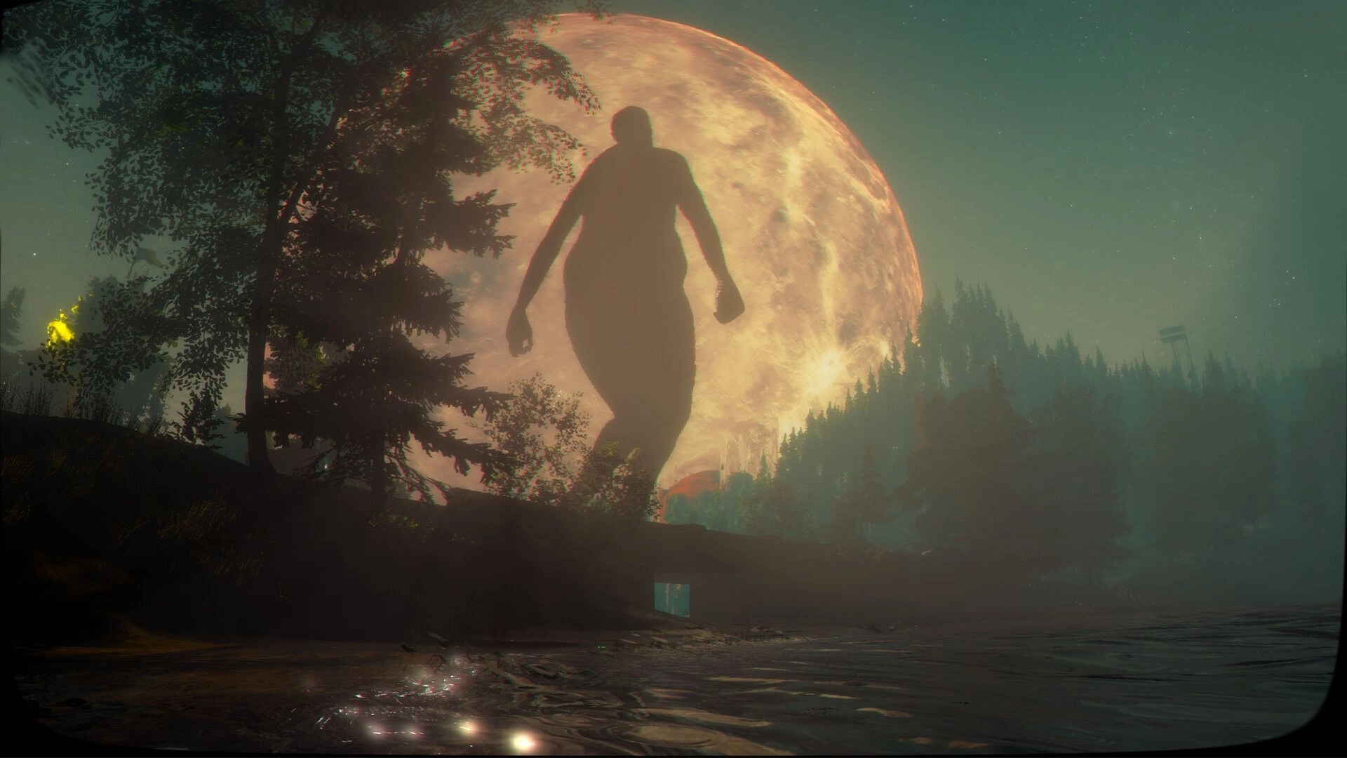 Emissary One: Giant humanoid silhouette strides past trees under huge full moon over misty riverbank.