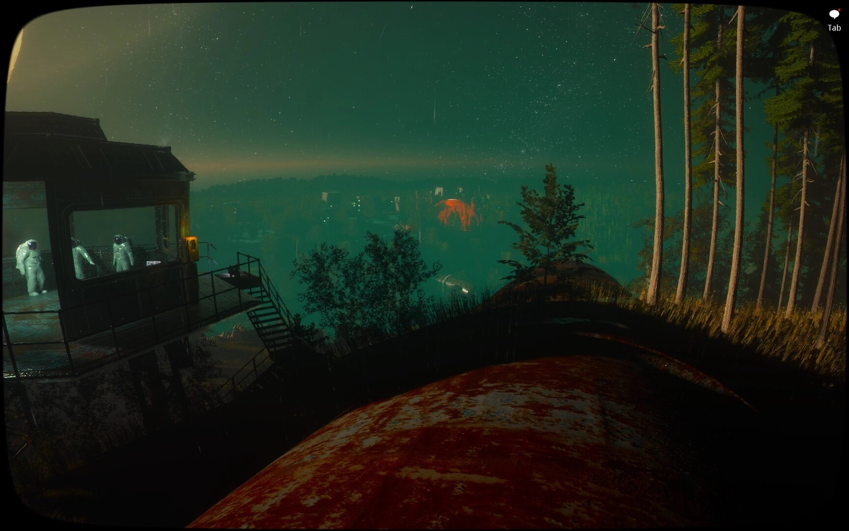 Emissary One: Astronauts inside a cabin watch the rainy, foggy forest valley at night with Tab UI hint.