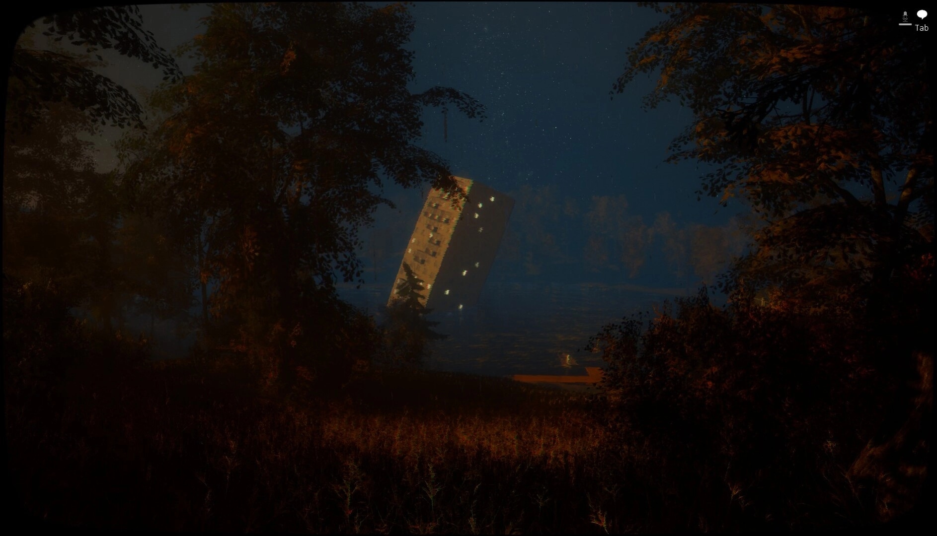 Emissary One: Distant tilted tower with lit windows across a foggy lake at night amid trees.