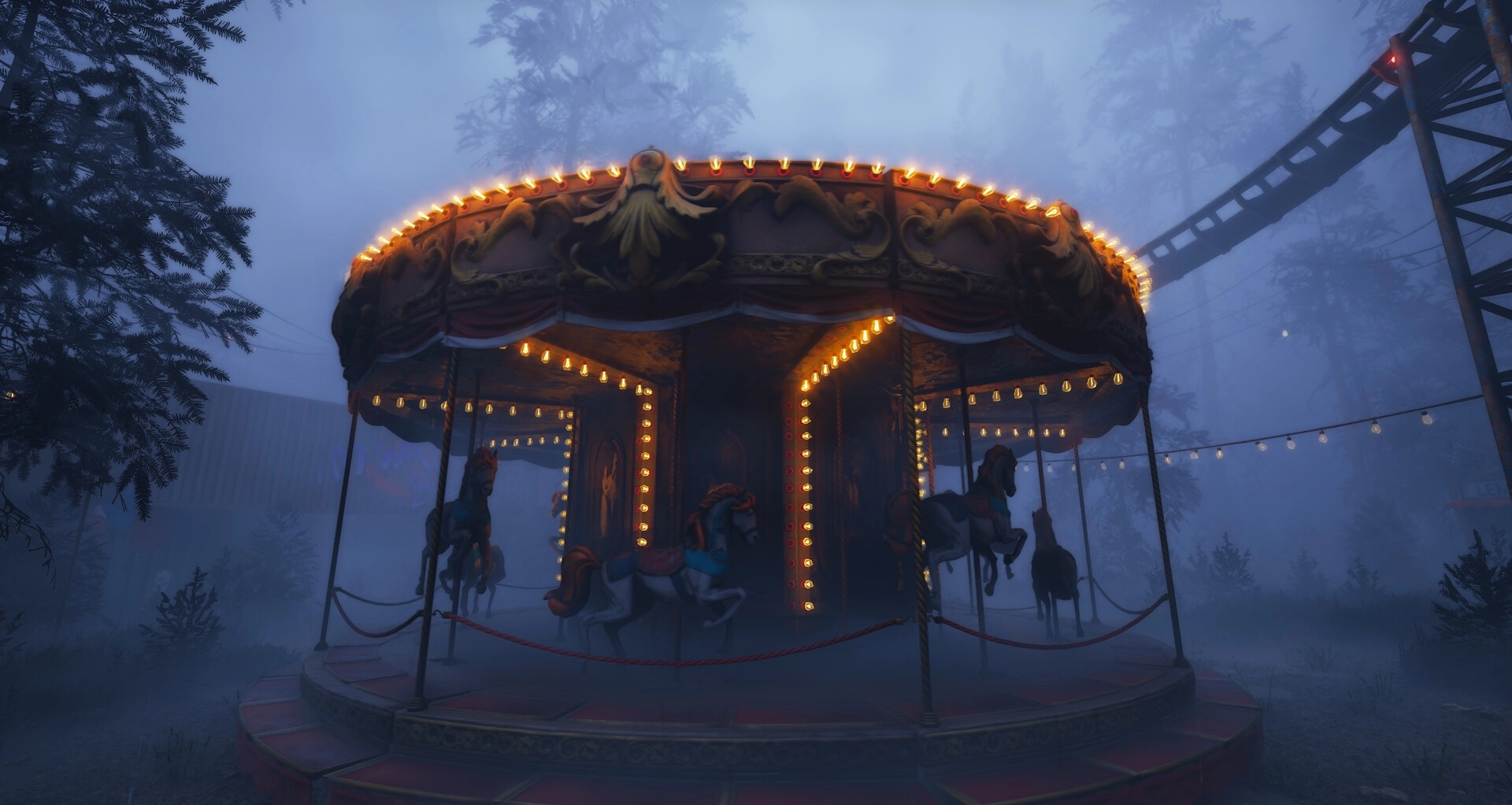 EMOTIONLESS: Abandoned carousel glowing in foggy, eerie amusement park surrounded by tall, shadowy trees