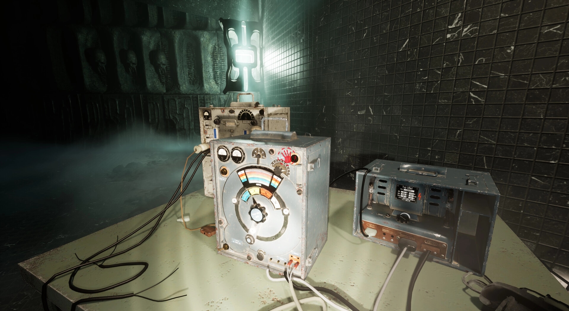 EMOTIONLESS: Control panel with gauges and cables in a dimly lit, eerie, tiled corridor