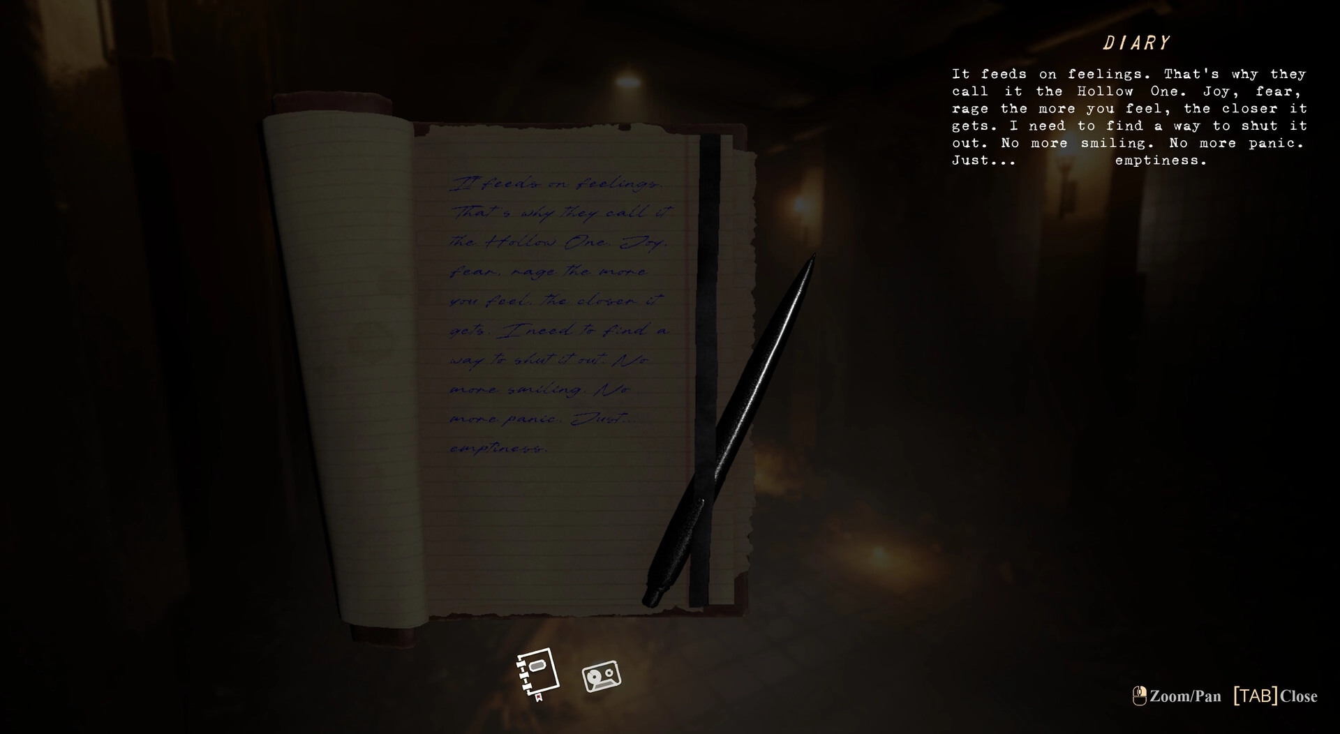 EMOTIONLESS: Diary entry open with handwritten text and pen in dimly lit corridor with UI icons visible.