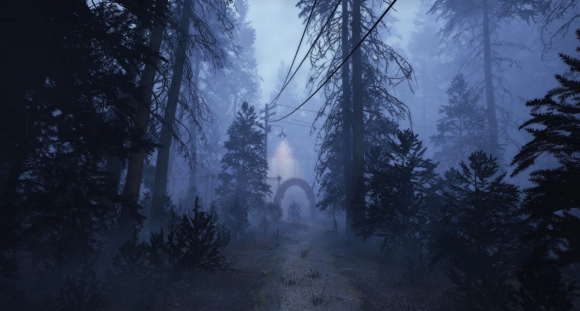 EMOTIONLESS: Foggy forest path with ominous archway and dim streetlight in eerie amusement park setting