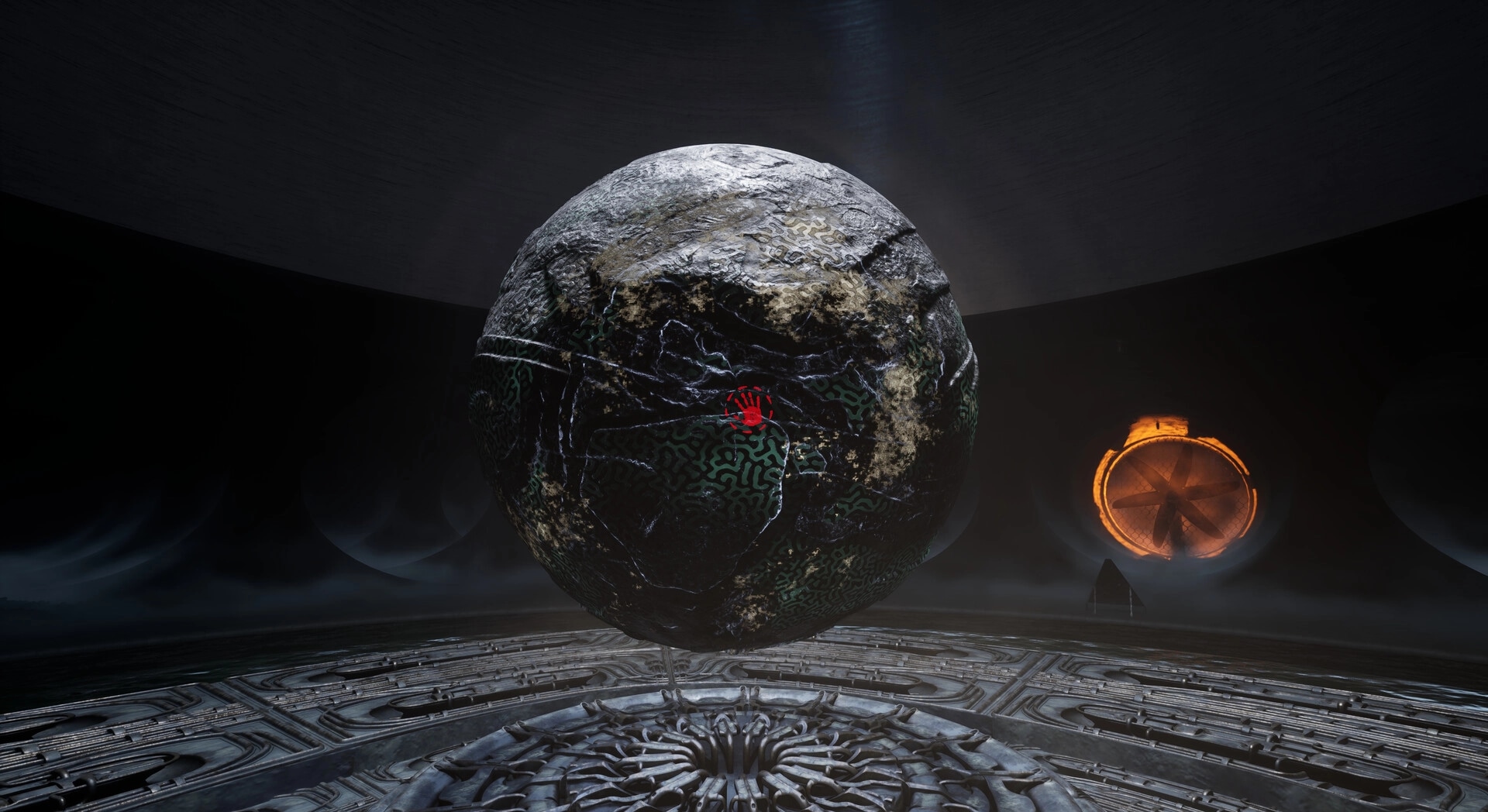 EMOTIONLESS: Floating stone orb with glowing red handprint in dark, cavernous chamber with industrial fan