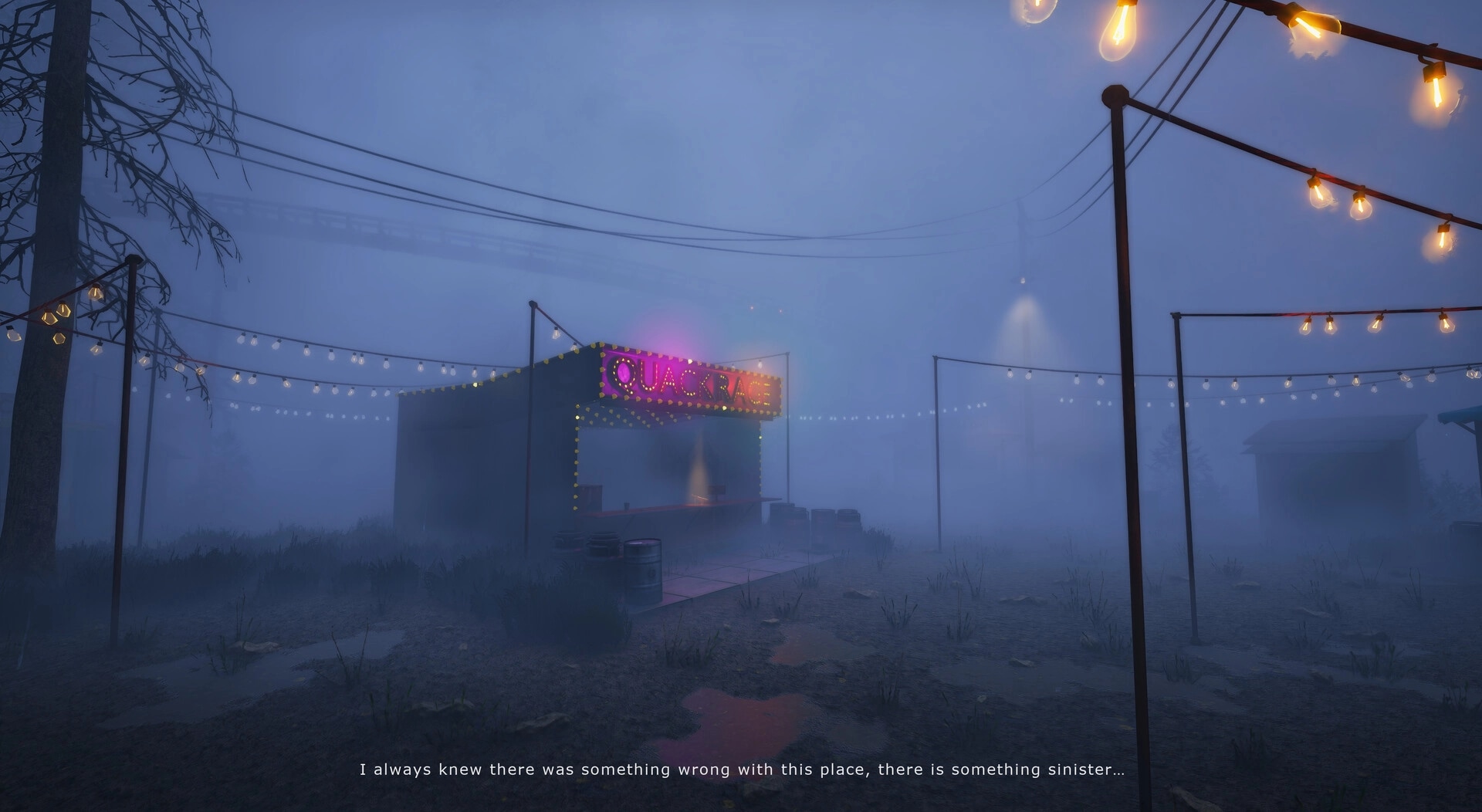 EMOTIONLESS: Foggy amusement park scene with dimly lit "Quackrace" booth and string lights in mist