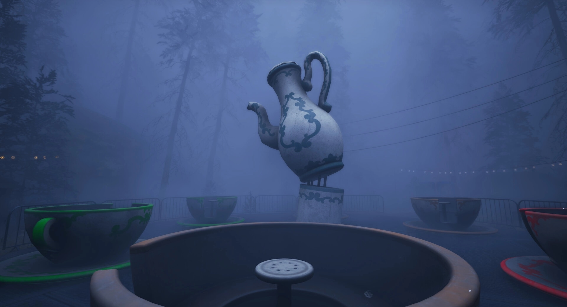 EMOTIONLESS: Giant teapot ride with misty atmosphere in an eerie, abandoned amusement park setting