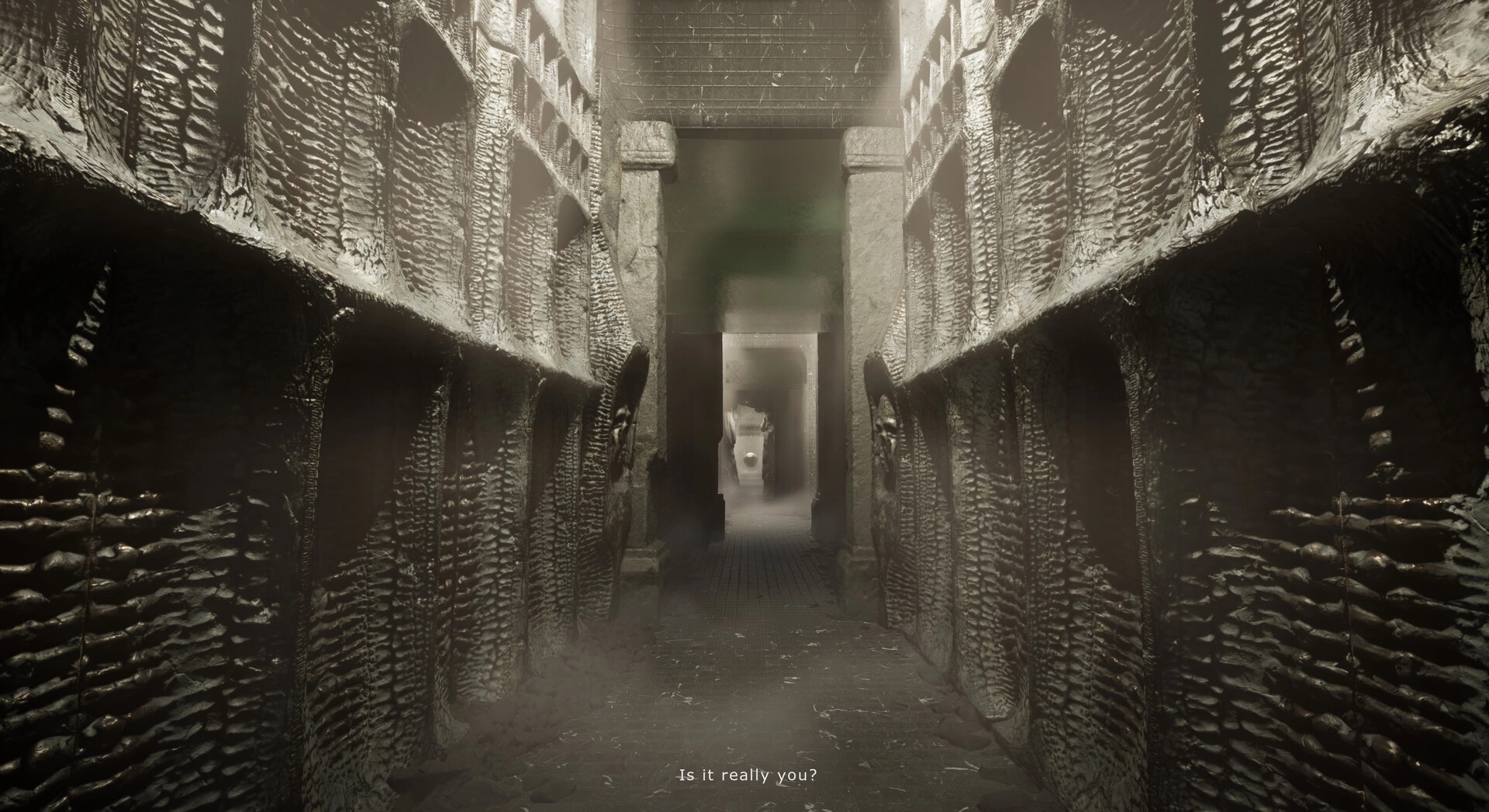 EMOTIONLESS: Narrow corridor with textured walls leading to a distant light in an eerie environment