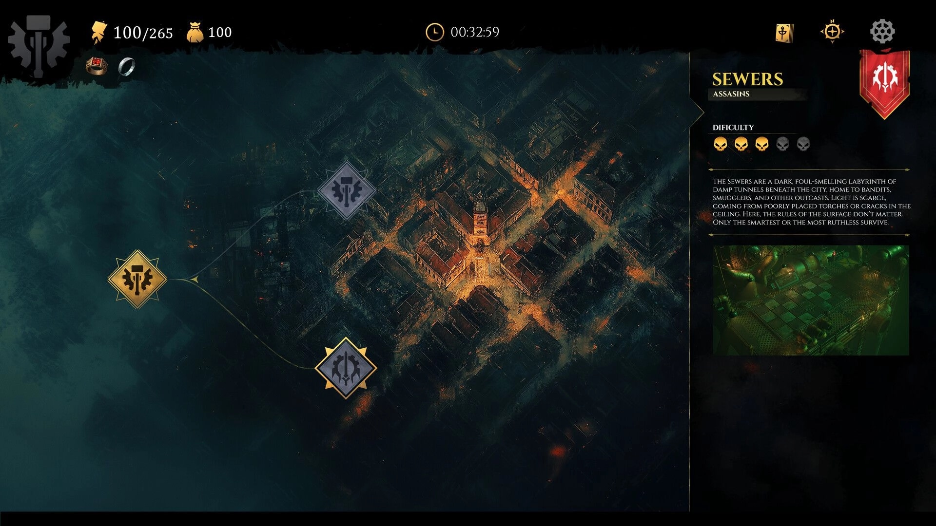 Empire in Decay: Tactical map showing districts of Daandria with sewers highlighted on difficulty screen.