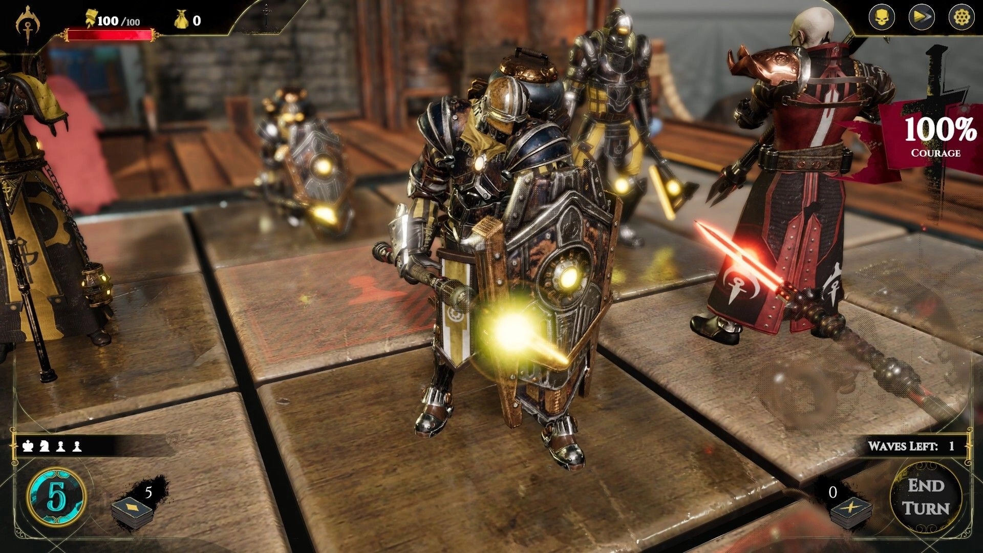 Empire in Decay: Armored knights engage in strategic combat on a wooden grid platform indoors.