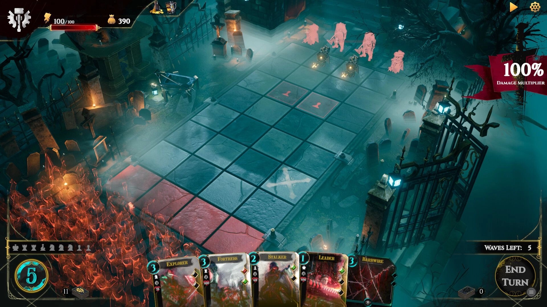 Empire in Decay: Tactical combat on a cemetery grid with cards and damage multiplier displayed