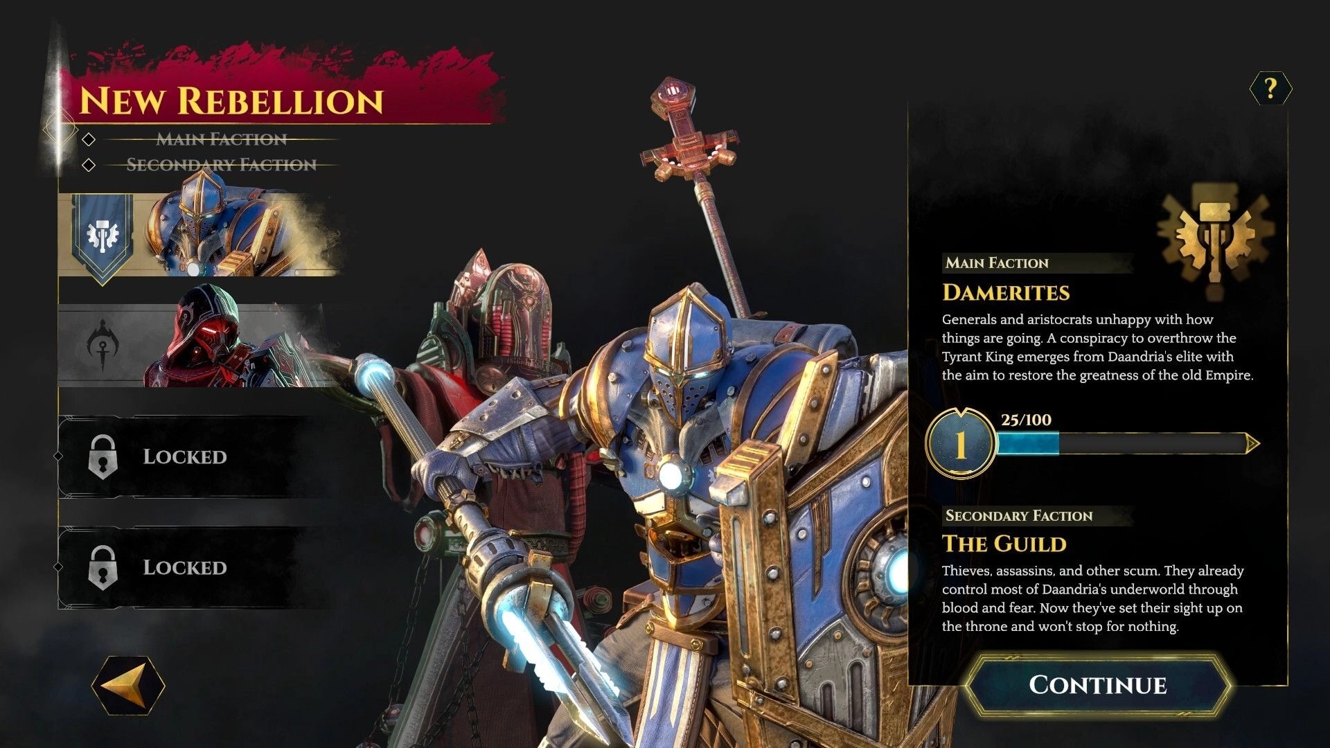 Empire in Decay: New Rebellion screen with Damerites faction selection and character portraits.