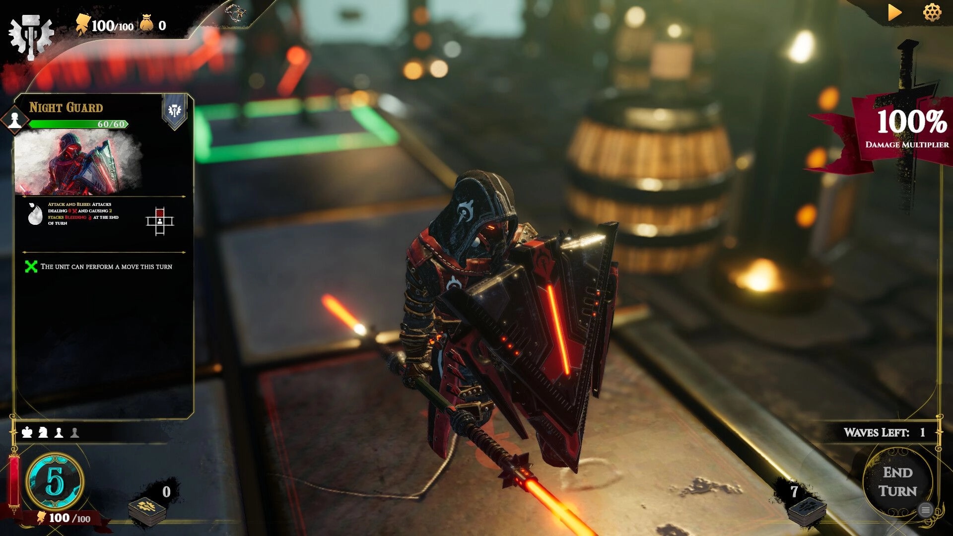 Empire in Decay: Night Guard unit poised with shield and spear, tactical combat interface visible
