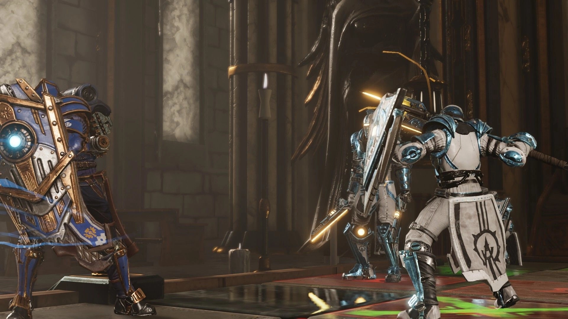 Empire in Decay: Robot knights engage in a tactical standoff inside a dimly lit stone-walled chamber