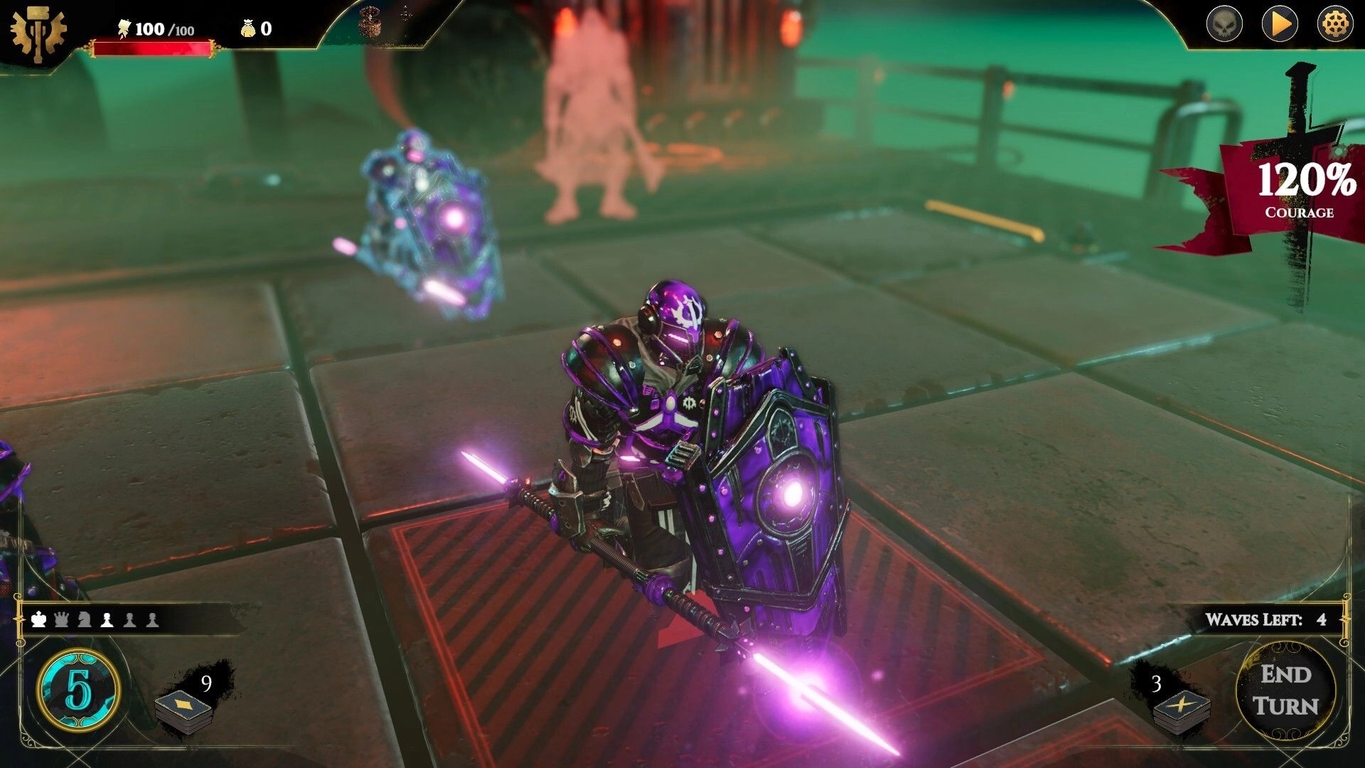 Empire in Decay: Armored warrior with glowing shield and sword in a tactical grid combat setting.