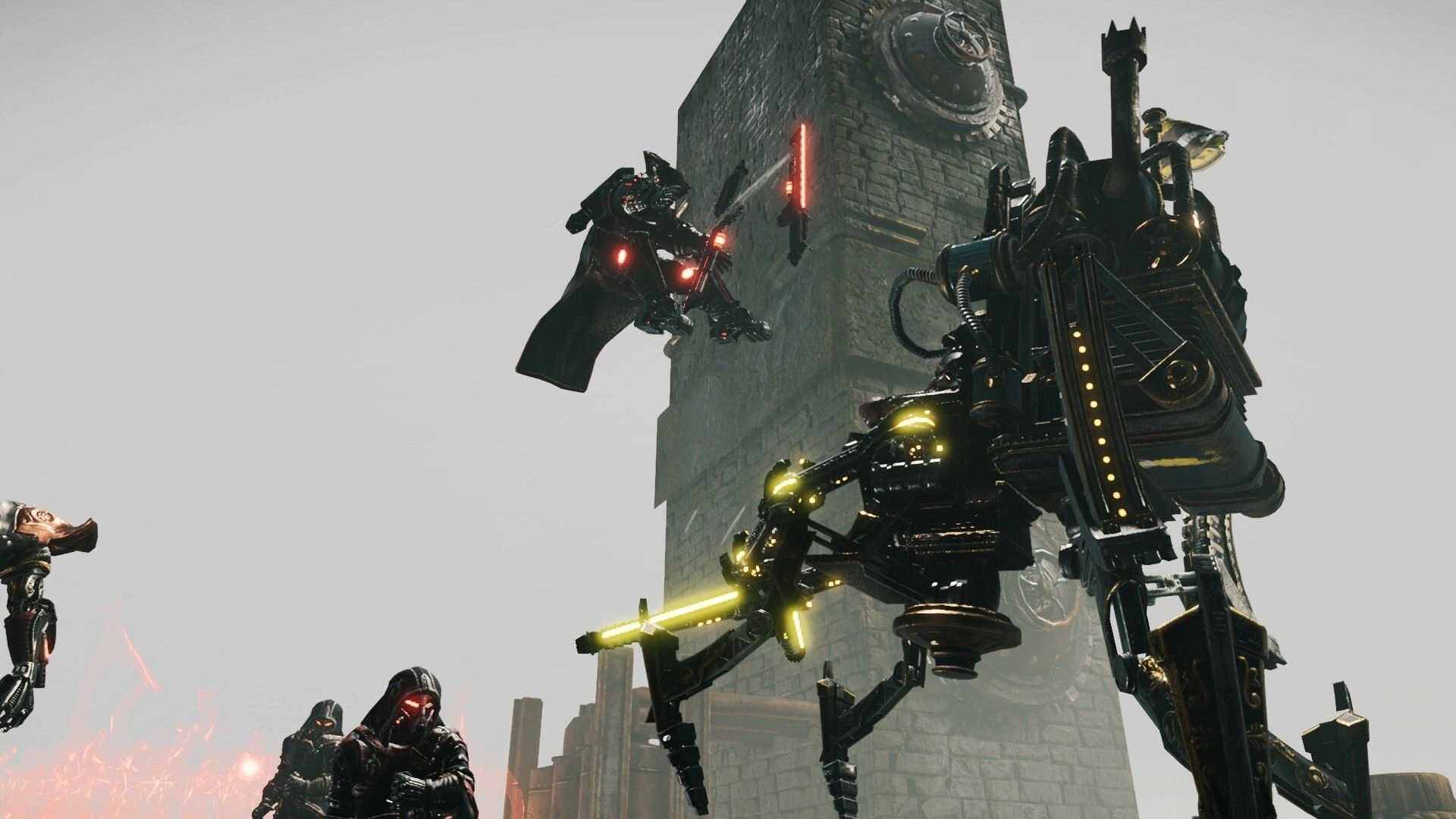 Empire in Decay: Flying armored figure and robots engage near a towering stone structure in Daandria.