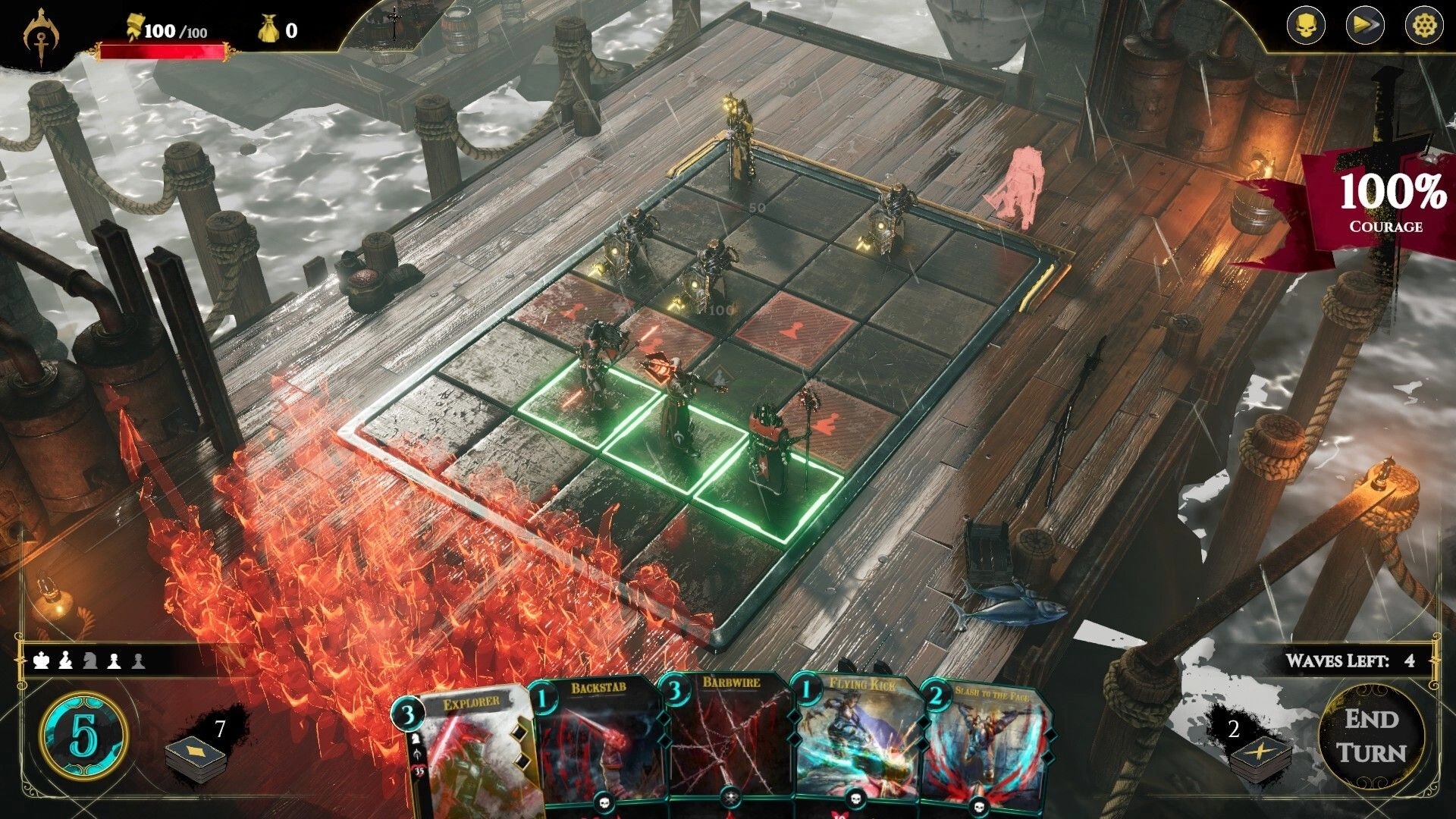 Empire in Decay: Tactical combat on a ship deck with cards displayed, showing units in turn-based battle.