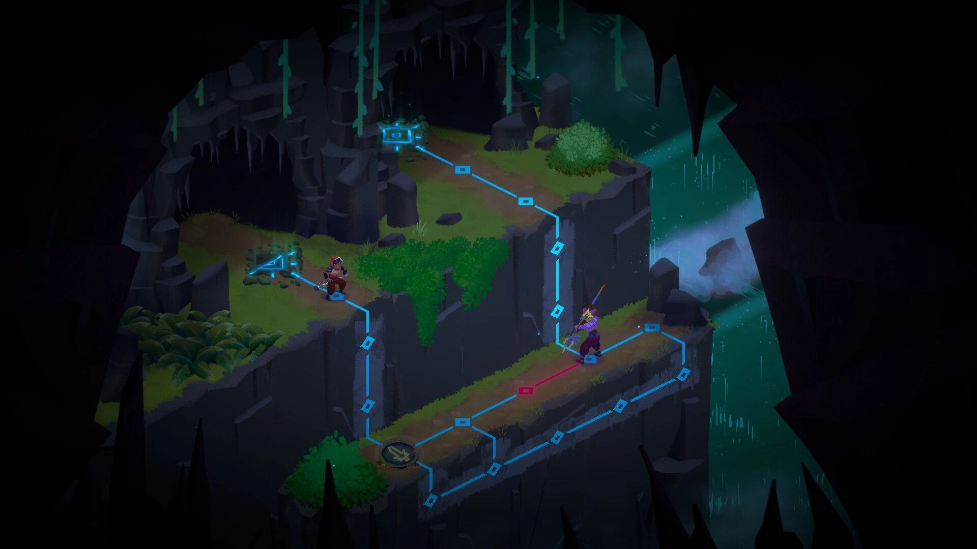 Emptiness Sire: Two survivors navigate a cliffside path with glowing markers in a dark, eerie cave.