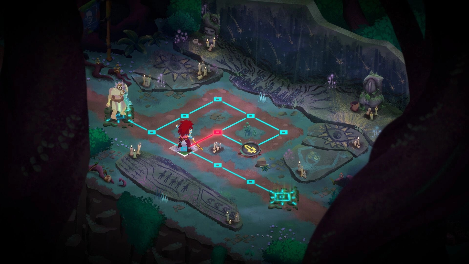 Emptiness Sire: Character navigating grid-based puzzle in mystical forest clearing with symbols and candles.