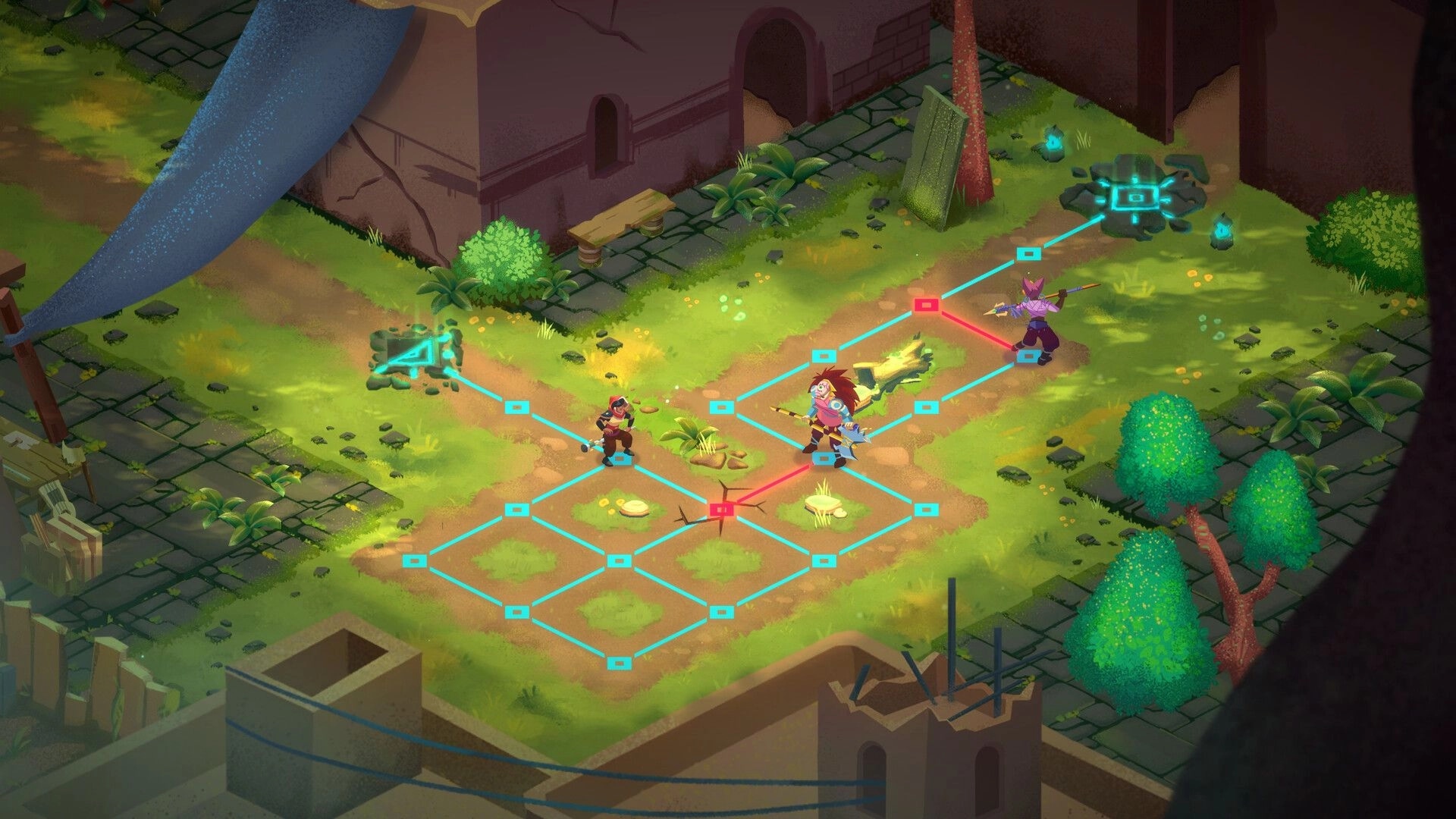 Emptiness Sire: Two survivors navigate a grid-based path in a lush garden with glowing symbols.