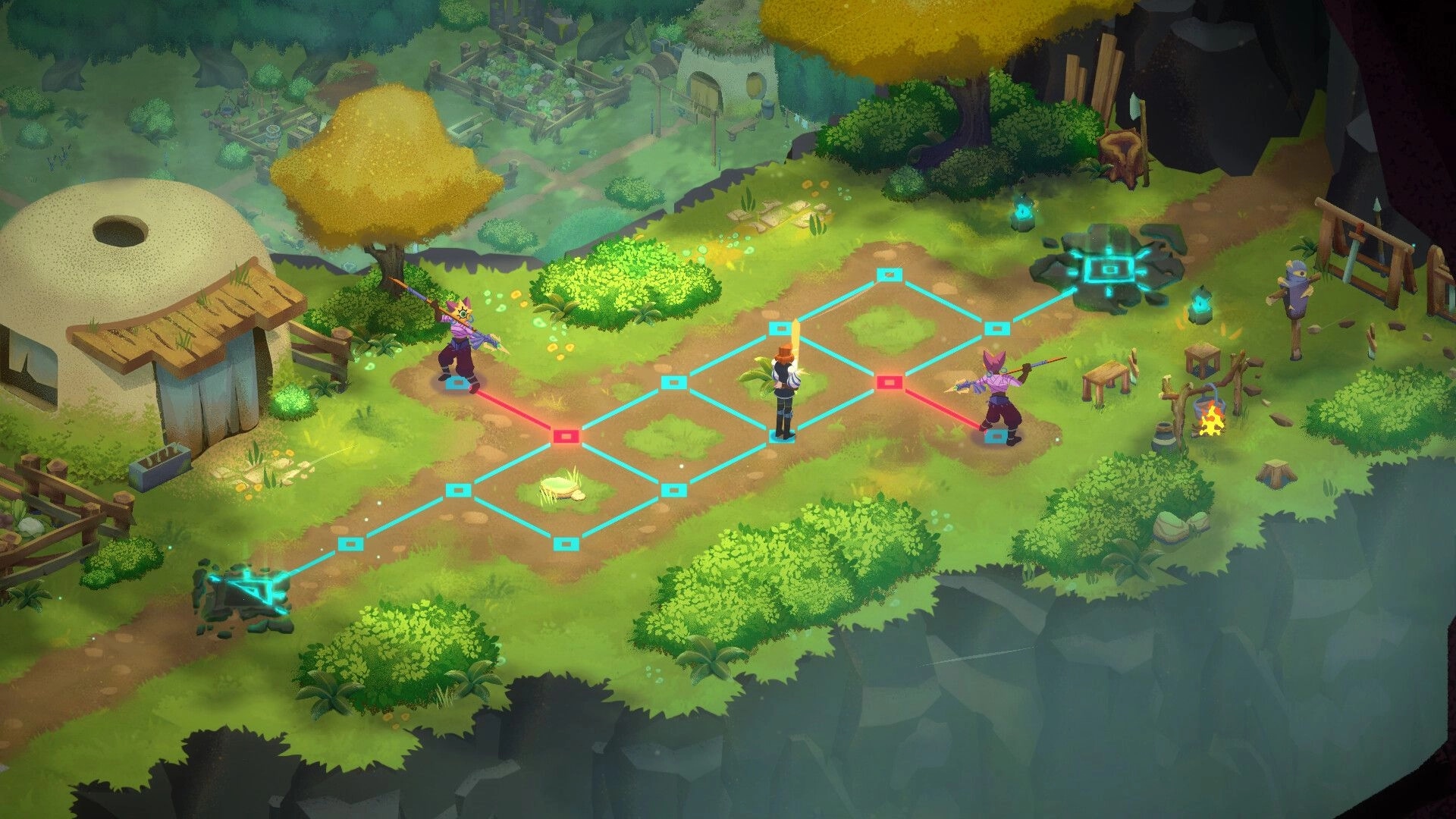 Emptiness Sire: Players navigate a turn-based grid in a mystical forest with glowing paths and enemies.