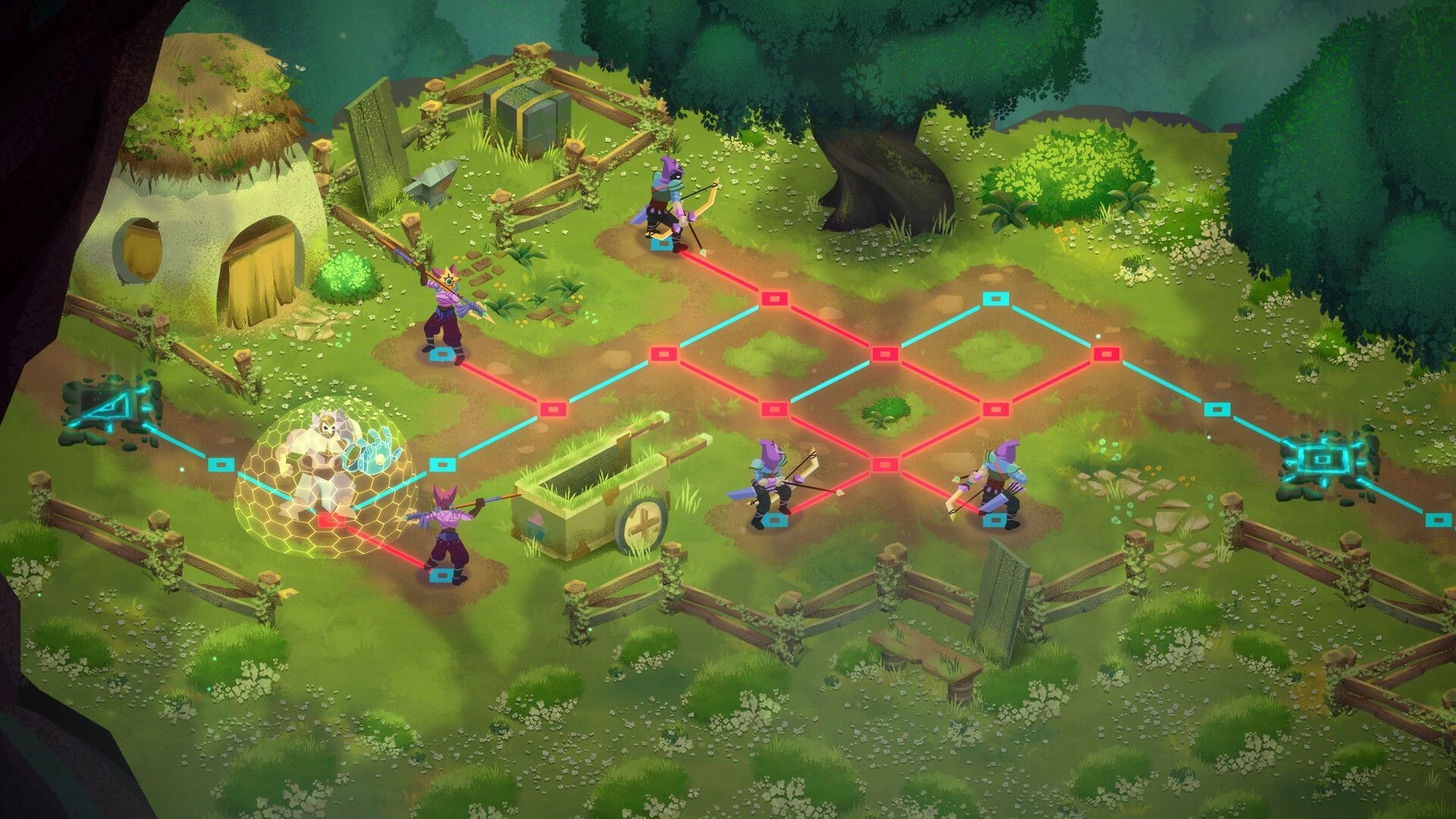 Emptiness Sire: Three characters navigate a grid in a forest setting with strategic node connections.