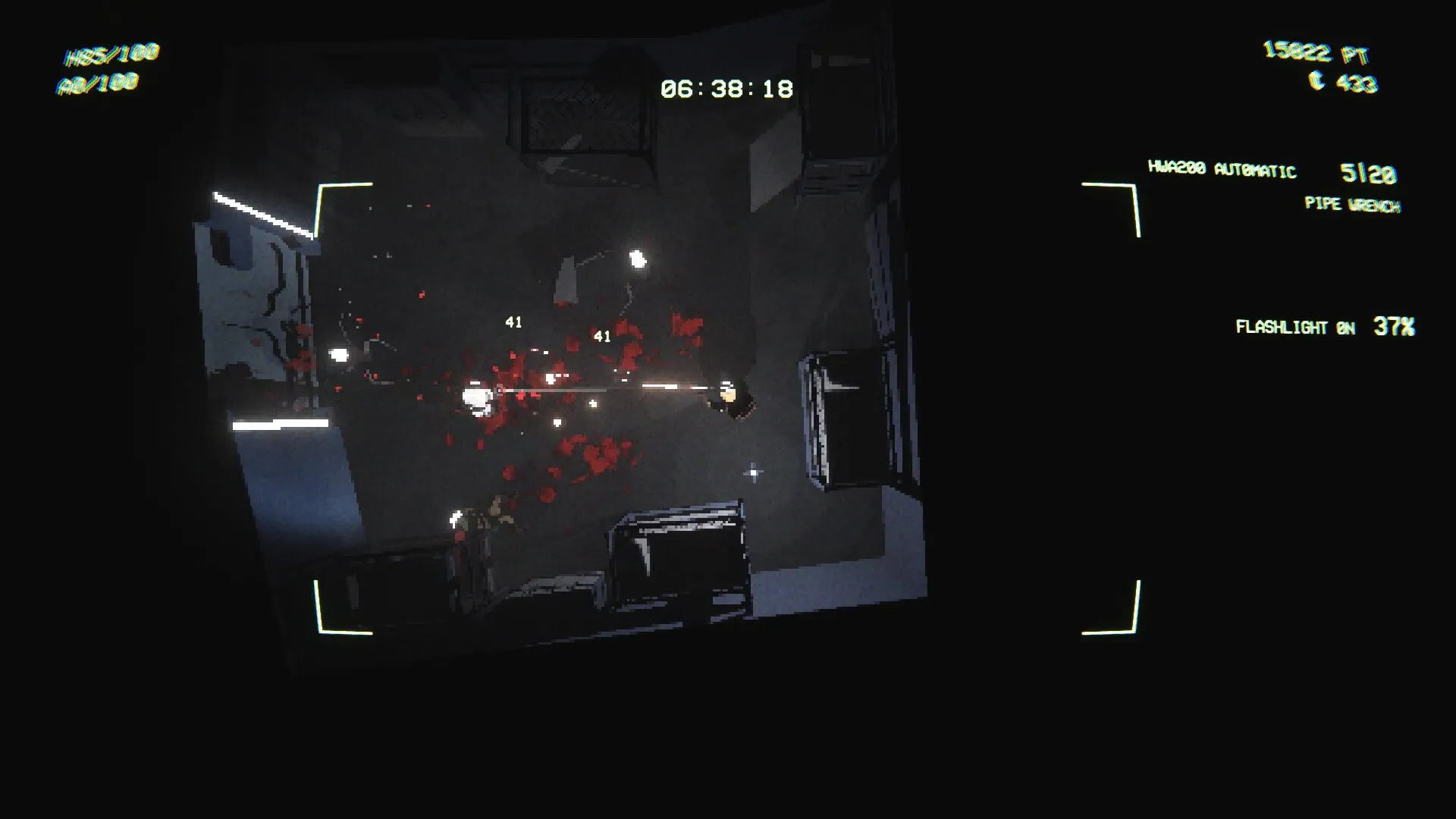 EMPTY SHELL 2: Top-down combat with enemies in dark room, UI shows health and flashlight status.