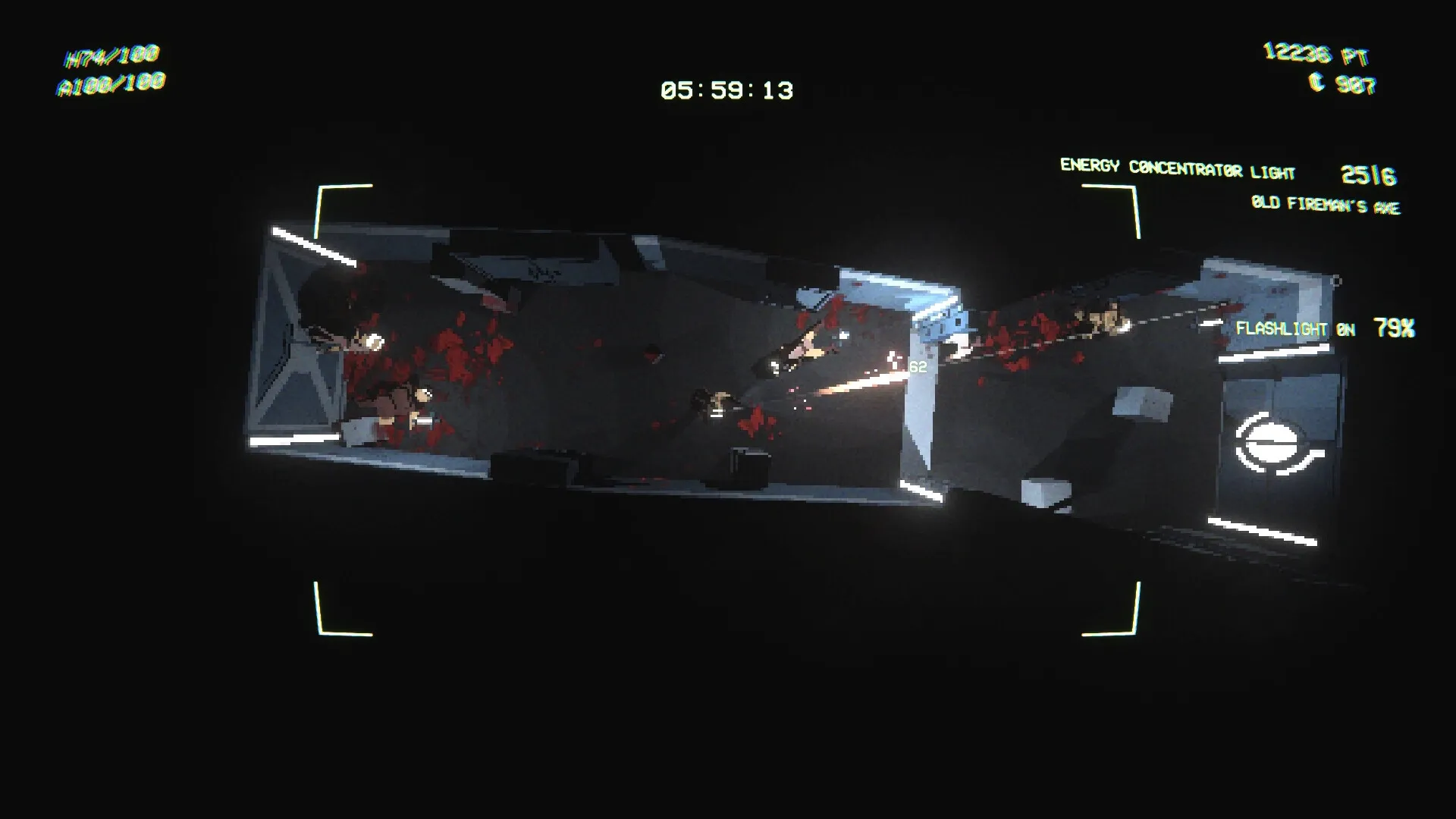 EMPTY SHELL 2: Top-down view of players in a dim hallway with blood stains and flashlight active