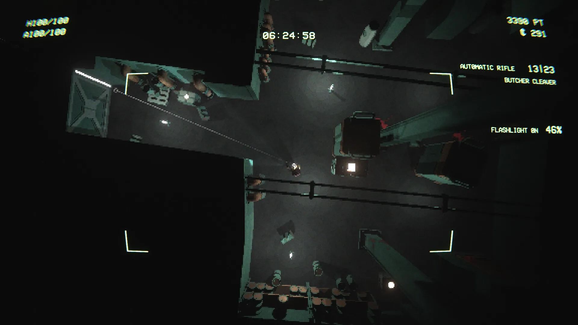 EMPTY SHELL 2: Character exploring dimly lit facility with flashlight, inventory and health displayed