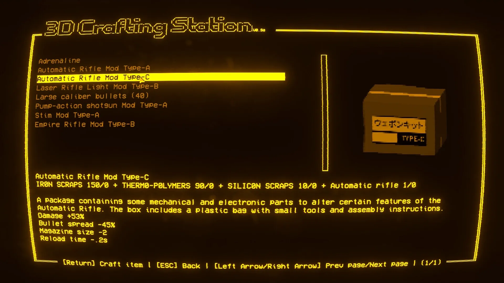 EMPTY SHELL 2: 3D crafting station interface highlighting Automatic Rifle Mod Type-C selection