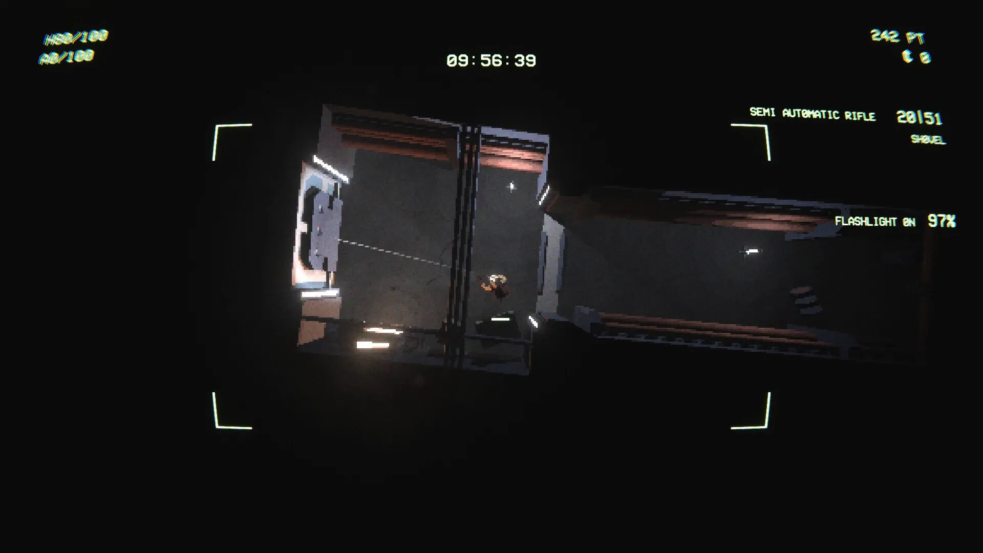 EMPTY SHELL 2: Player navigates dark corridor with flashlight in abandoned facility, UI displays stats