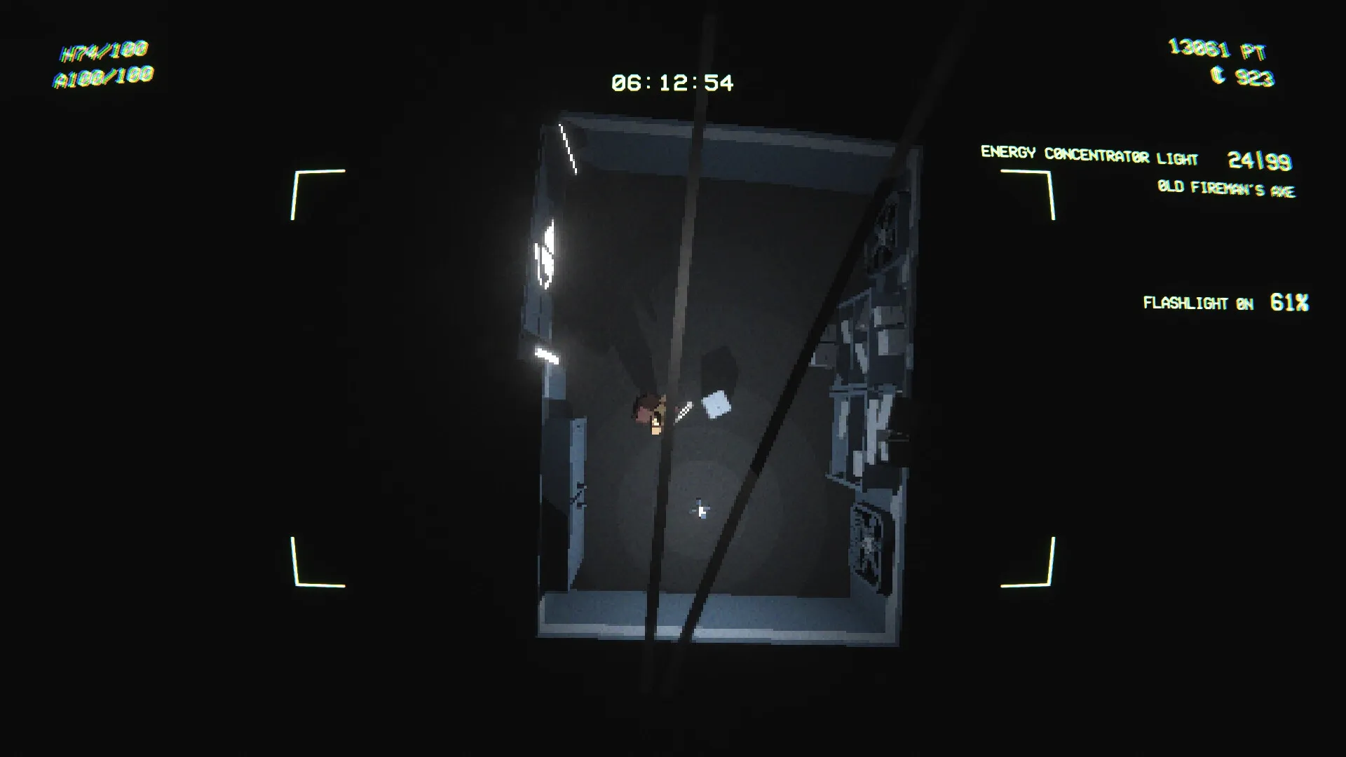 EMPTY SHELL 2: Character exploring dark room with flashlight, inventory and timer visible on screen.