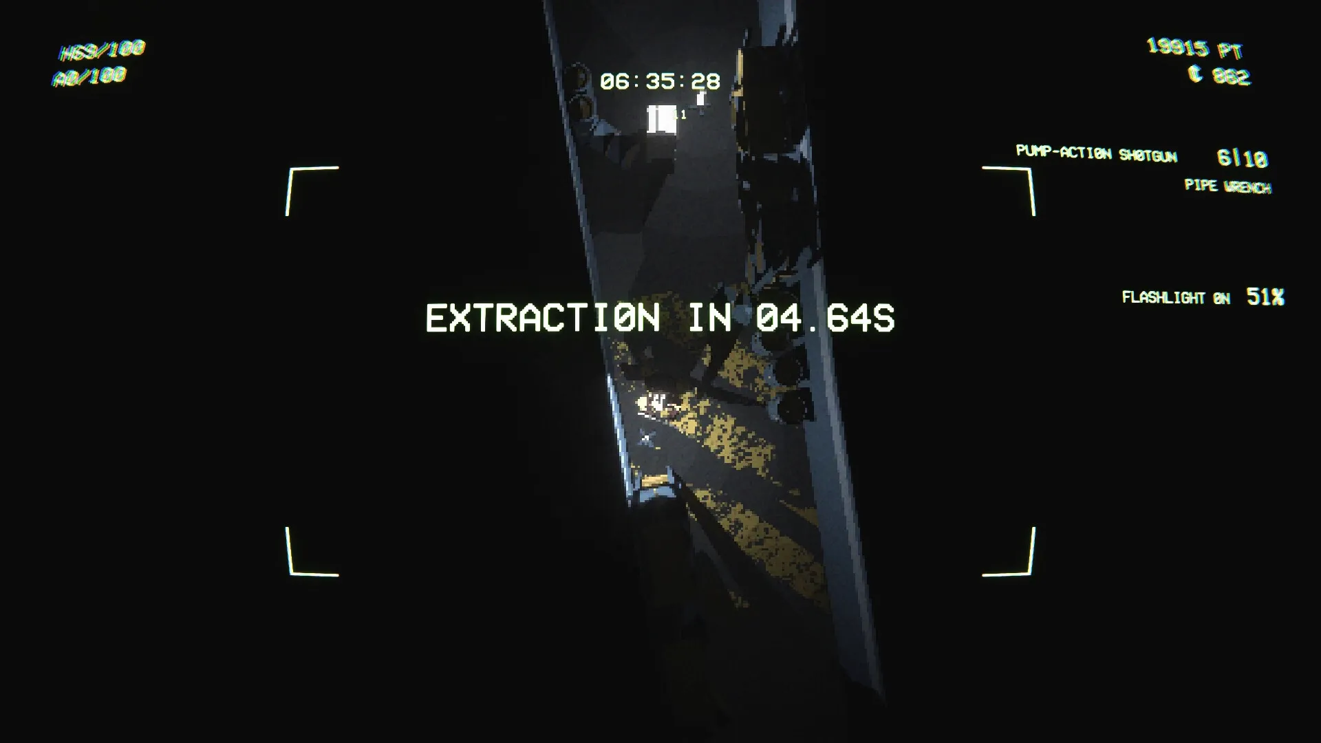 EMPTY SHELL 2: Countdown to extraction in dark corridor with flashlight and weapon status HUD elements