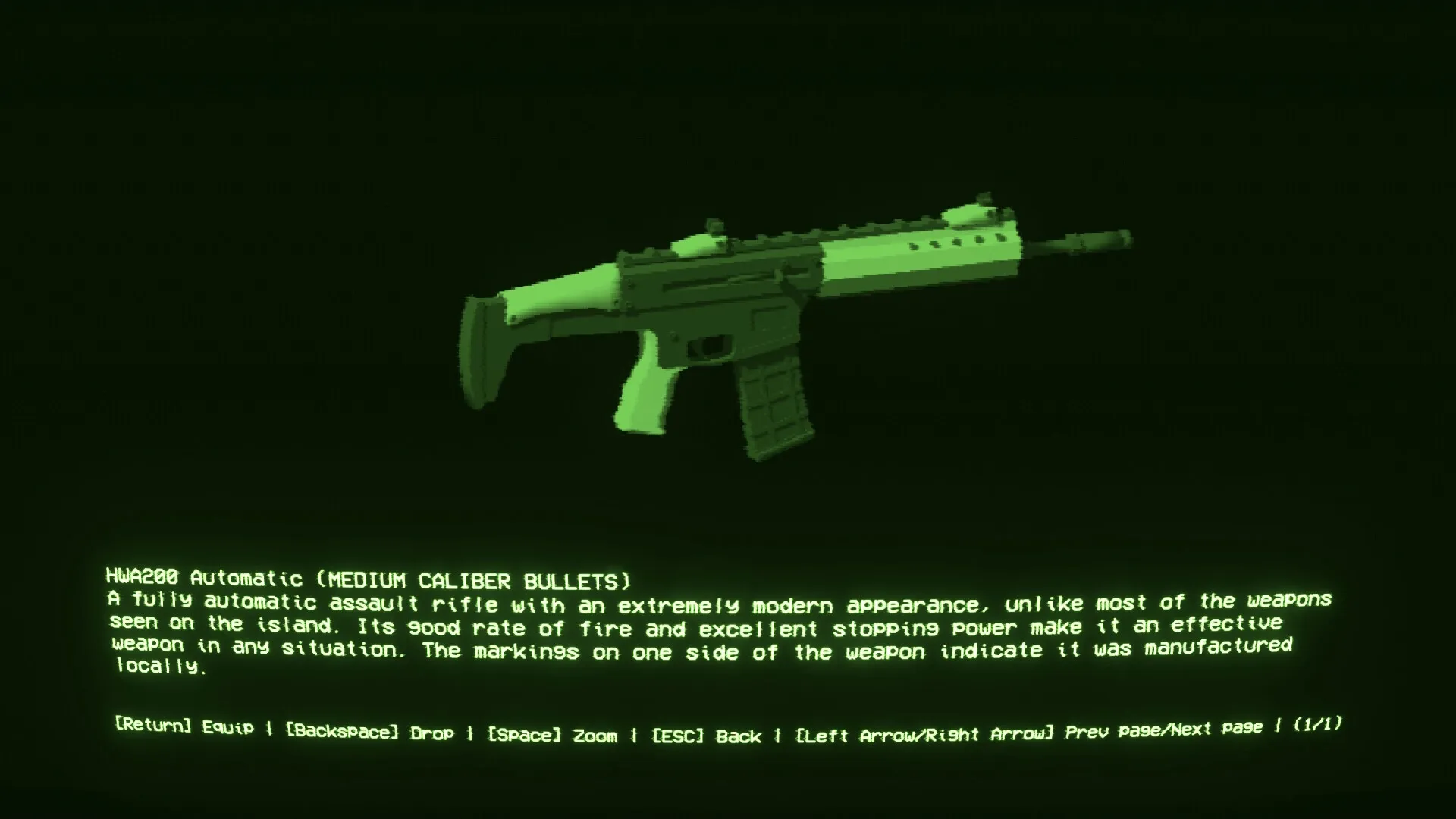 EMPTY SHELL 2: Display of HWA200 automatic rifle with description and equip options on green interface