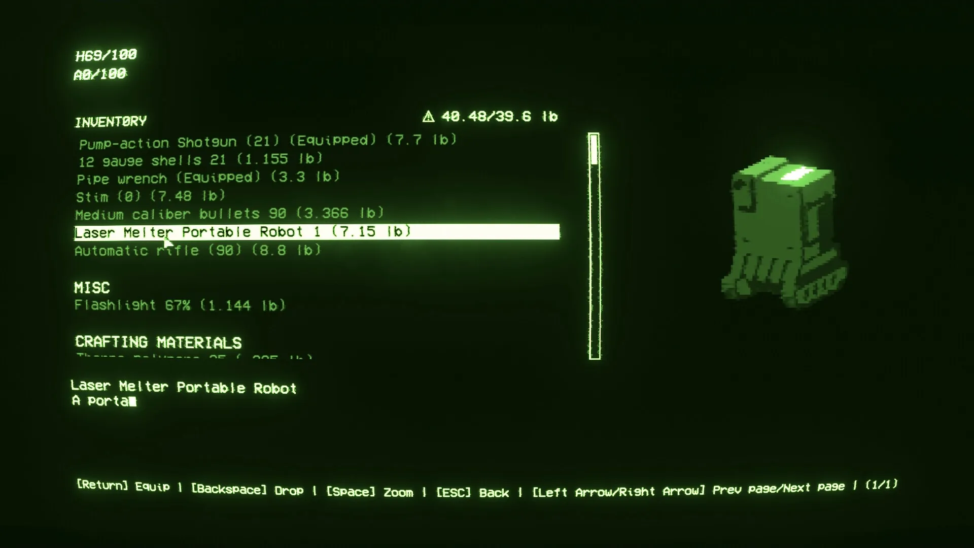EMPTY SHELL 2: Inventory menu displaying equipment and a Laser Melter Portable Robot on a dark interface