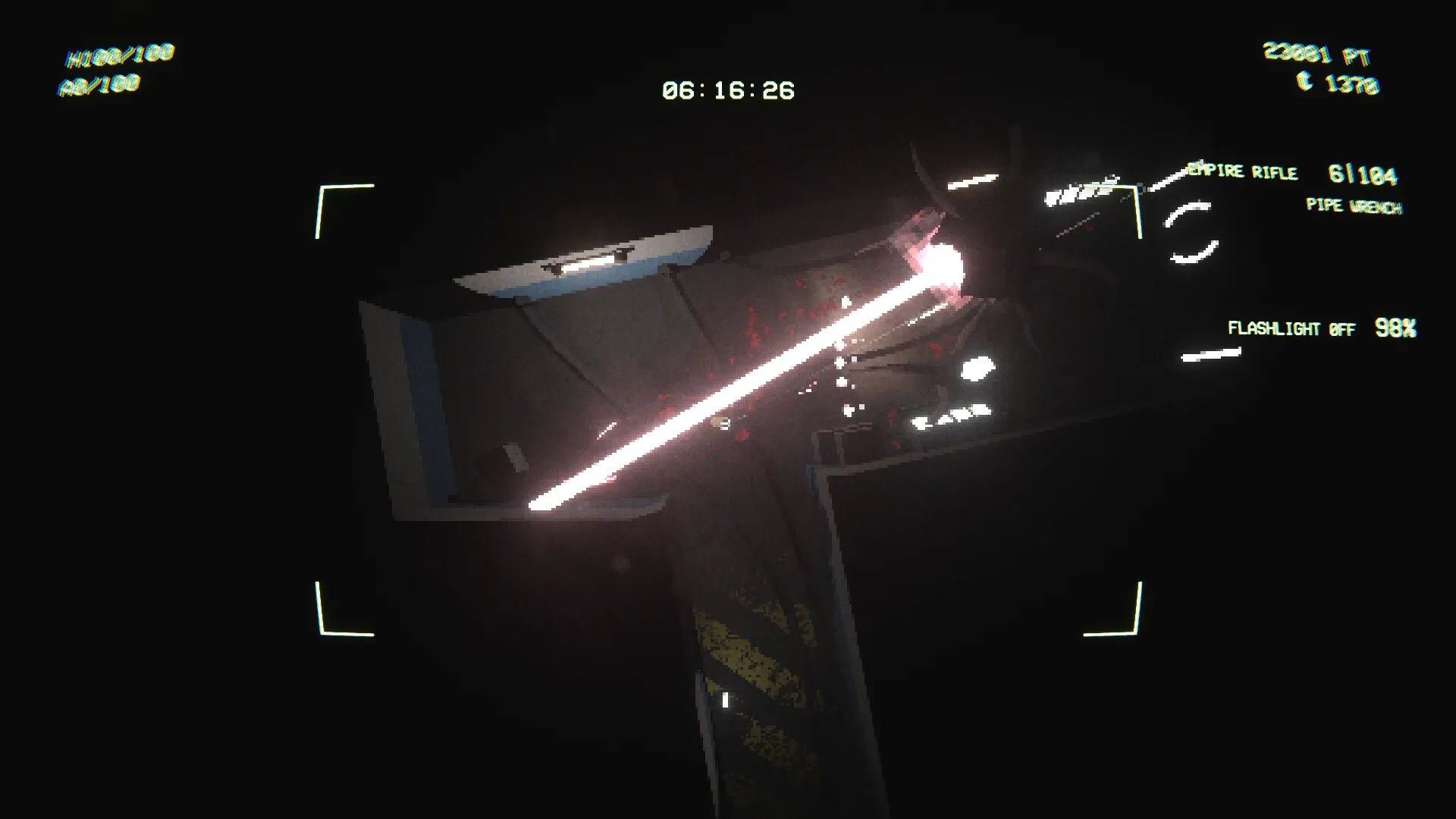 EMPTY SHELL 2: Player firing laser weapon at alien creature in dark facility corridor with UI stats visible.