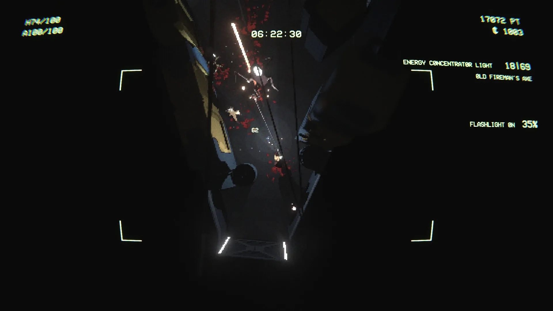 EMPTY SHELL 2: Top-down view of player fighting enemies in dimly lit corridor with HUD elements visible