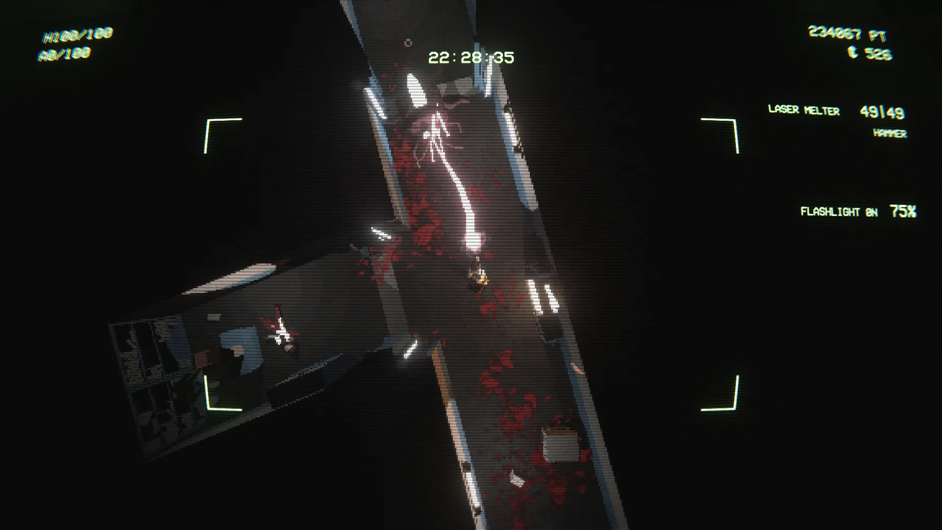 EMPTY SHELL 2: Player uses laser melter in dark corridor with scattered debris and glowing interface.