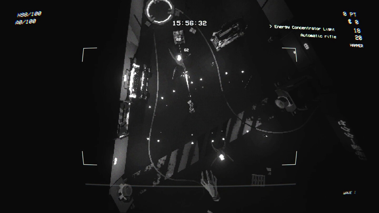 EMPTY SHELL: Overhead view of facility with countdown timer and energy weapon UI in dimly lit room.