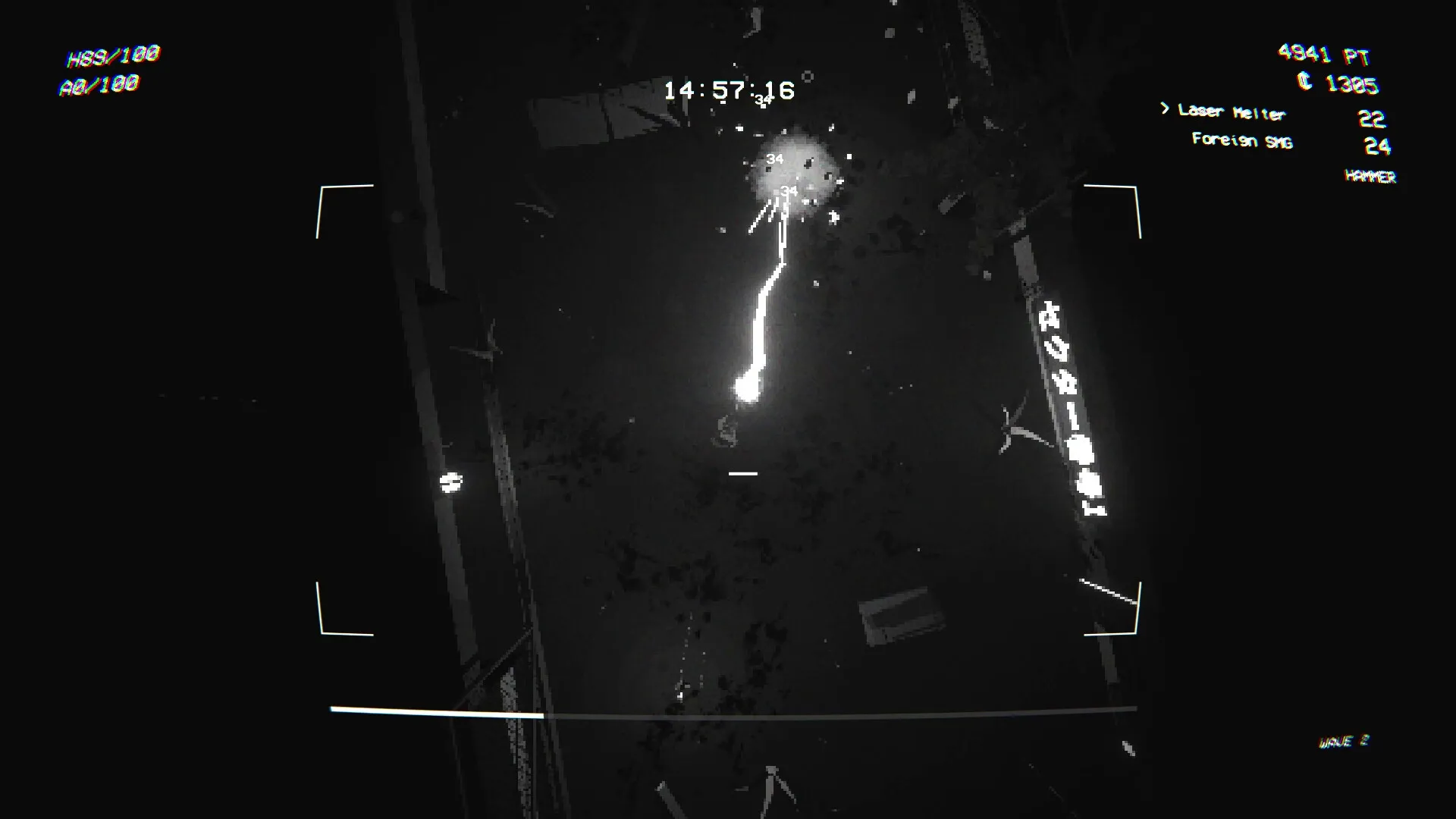 EMPTY SHELL: Top-down view of player using laser weapon in dark room with UI elements displayed