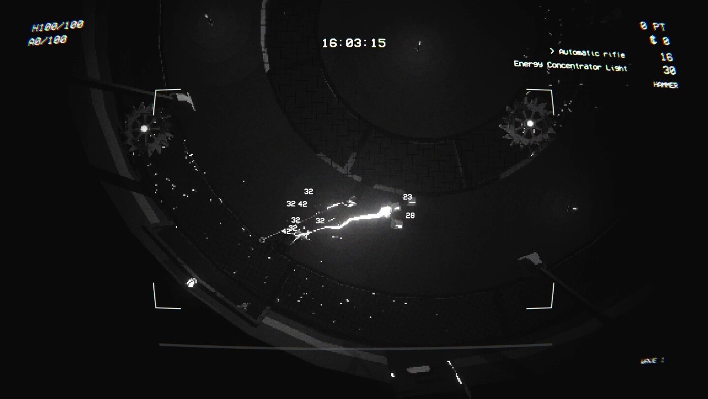EMPTY SHELL: Top-down view of dark room with energy readings and time display, UI shows weapons list
