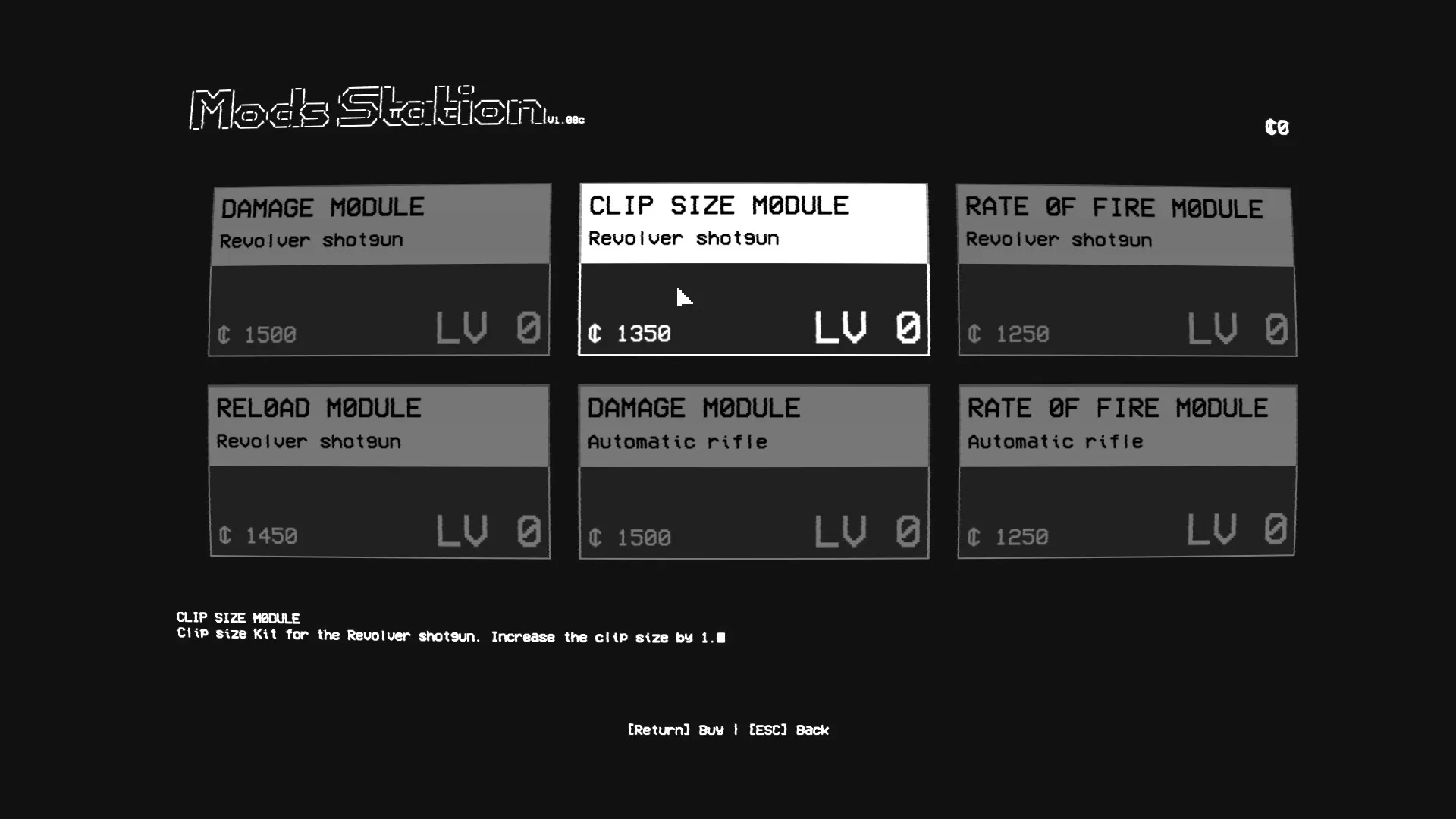 EMPTY SHELL: Mods Station interface displaying weapon modules for revolver shotgun and automatic rifle