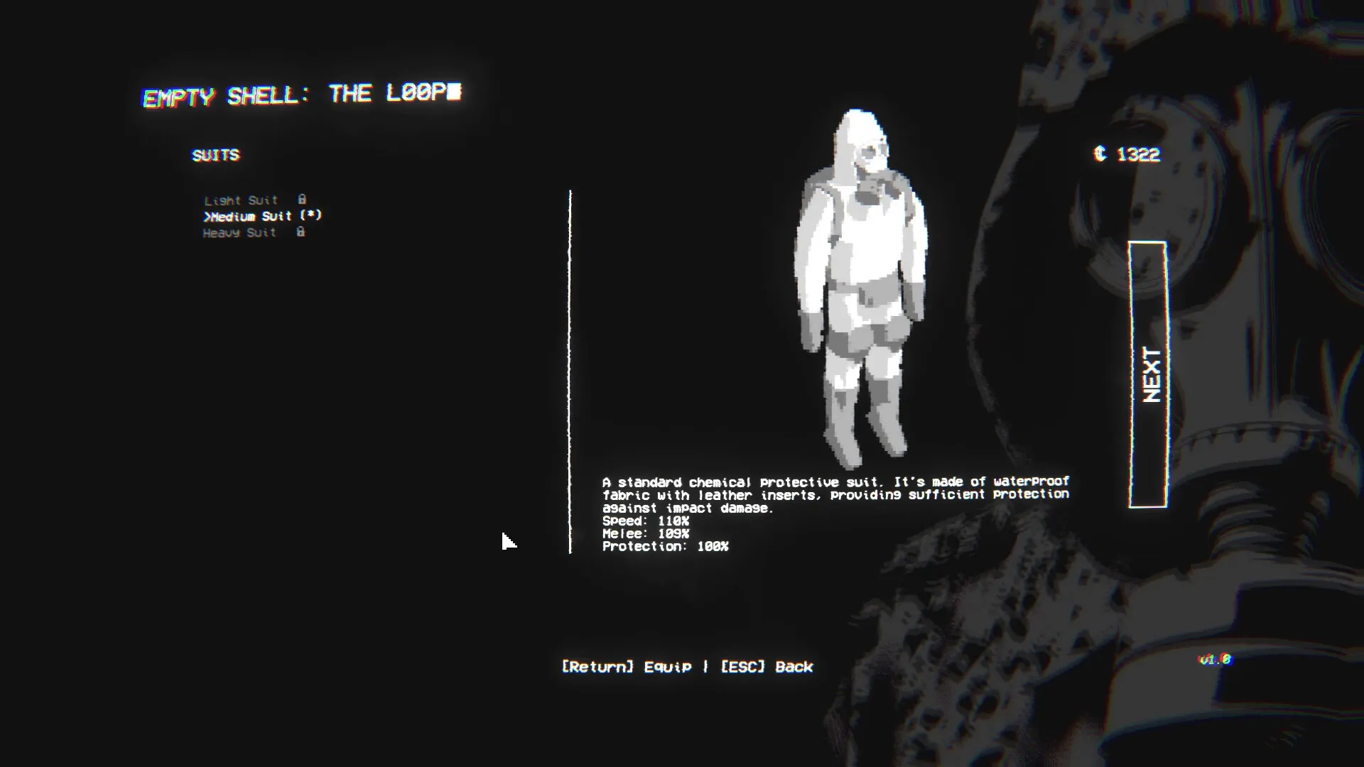 EMPTY SHELL: Suit selection interface with detailed stats and protective suit display in menu screen