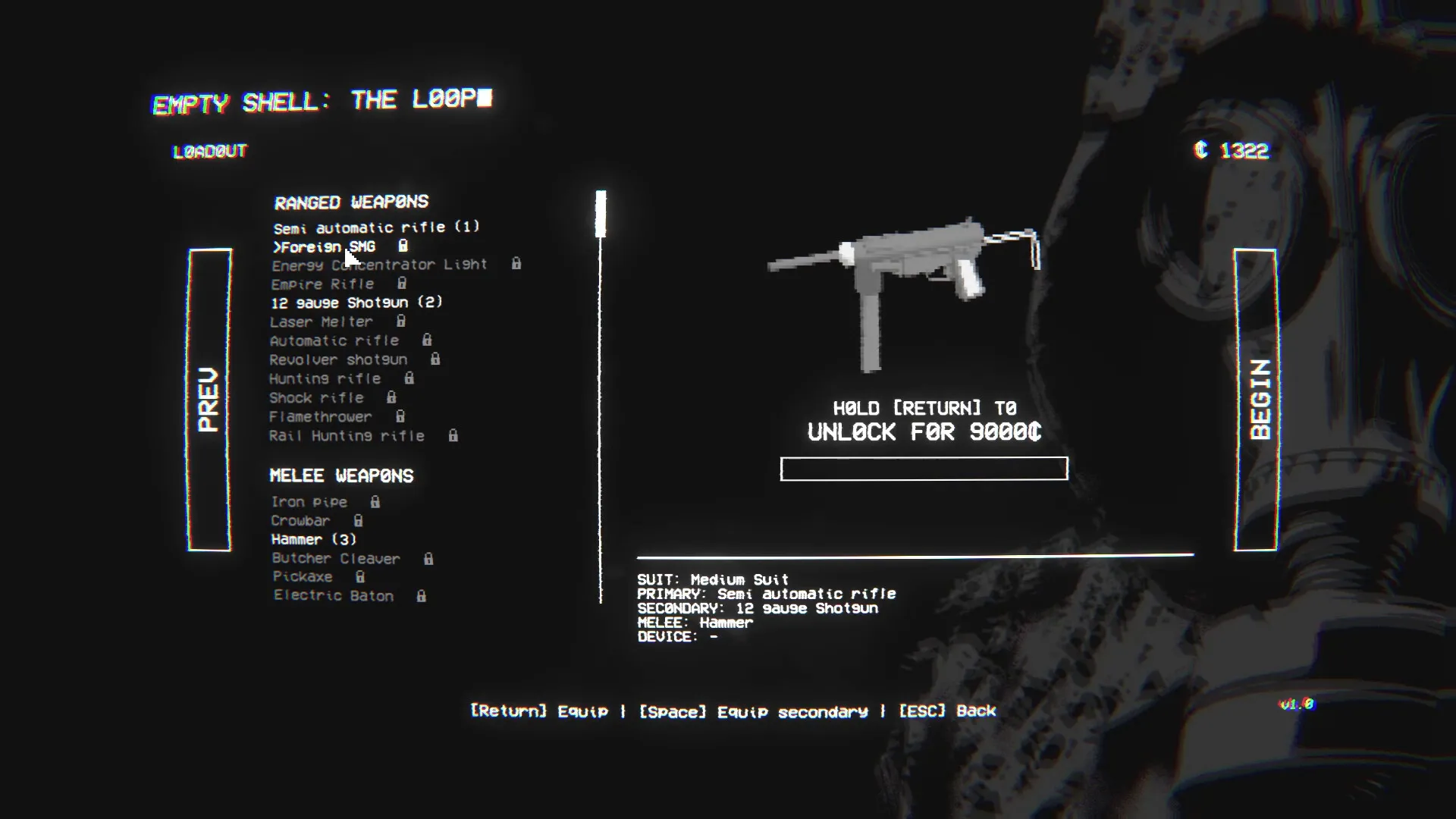 EMPTY SHELL: Weapon inventory screen with Foreign SMG details and unlock option in dark UI setting