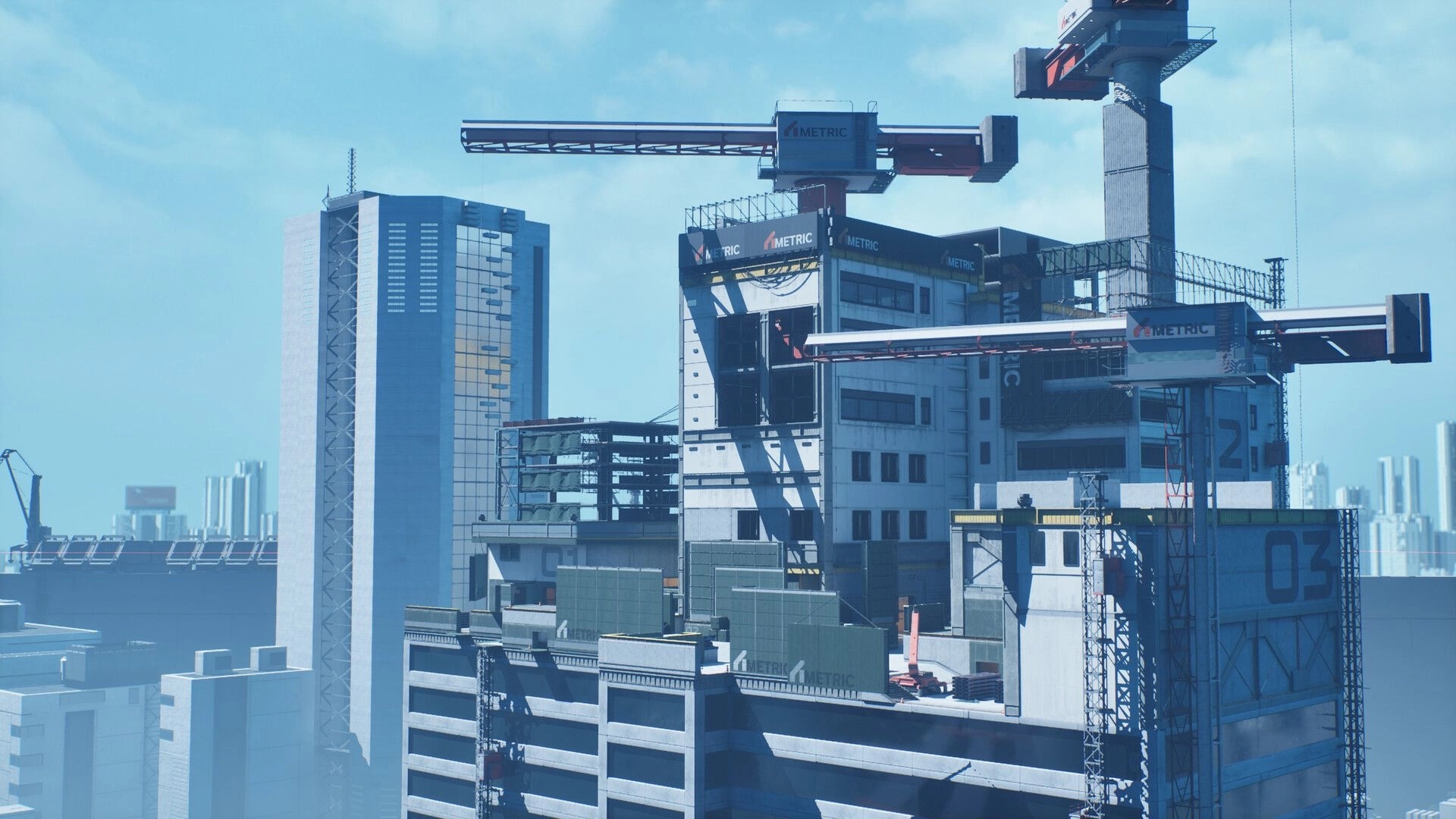 EMPULSE: Rooftop construction complex with METRIC cranes, catwalks, and numbered towers under blue sky.