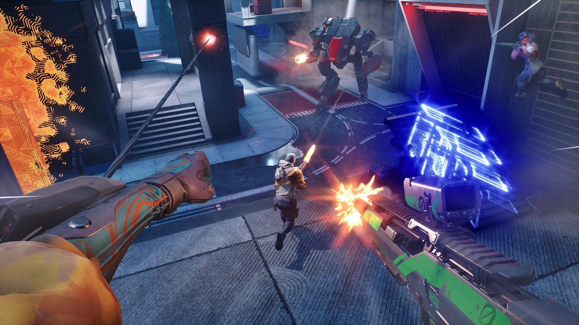 EMPULSE: First-person firefight with rifle and blue shield wall in a futuristic city street battle.