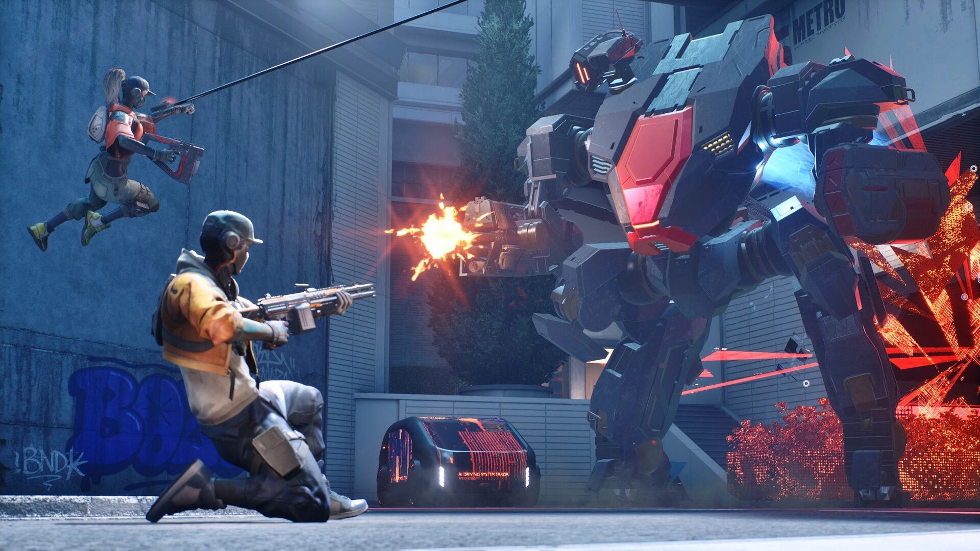 EMPULSE: Two armed pilots fire at a red-black mech in a concrete alley with sparks and explosions.