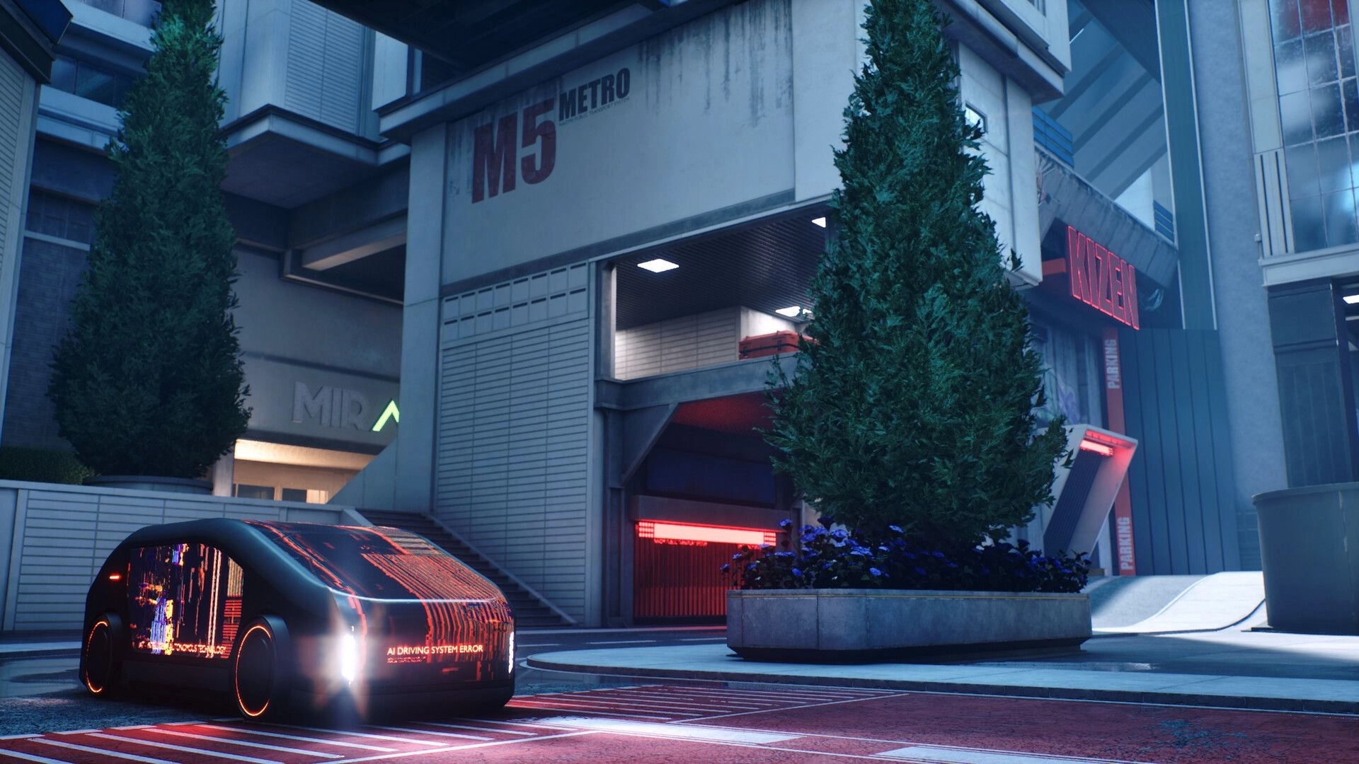 EMPULSE: Glitching autonomous car by M5 Metro entrance, neon parking signs and trees at dusk.