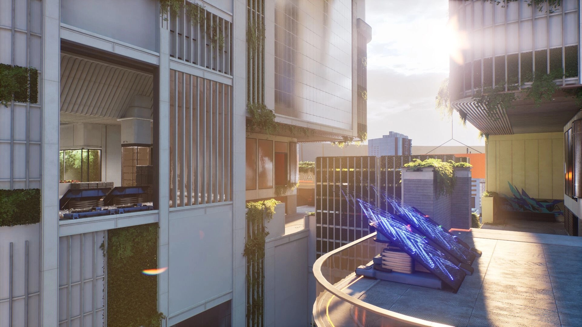 EMPULSE: Sunlit rooftop walkway beside tall buildings, with blue glowing panels and hanging greenery.