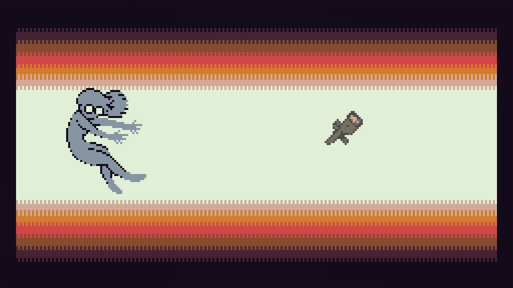 EMUUROM: A large sprite interacts with a small creature in a pixelated, colorful abstract environment.